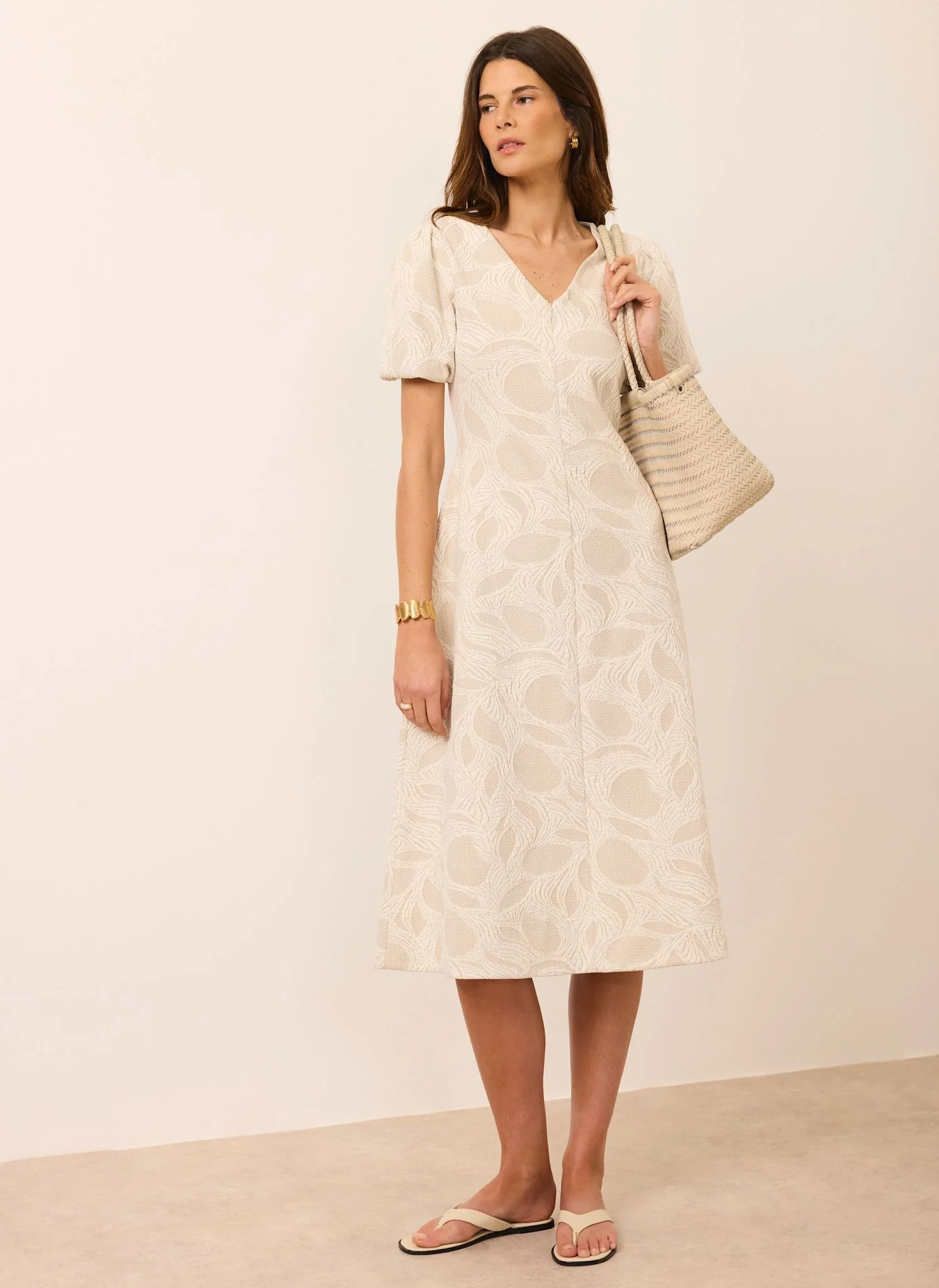 Neutral Jacquard Puff Sleeve Midi Dress