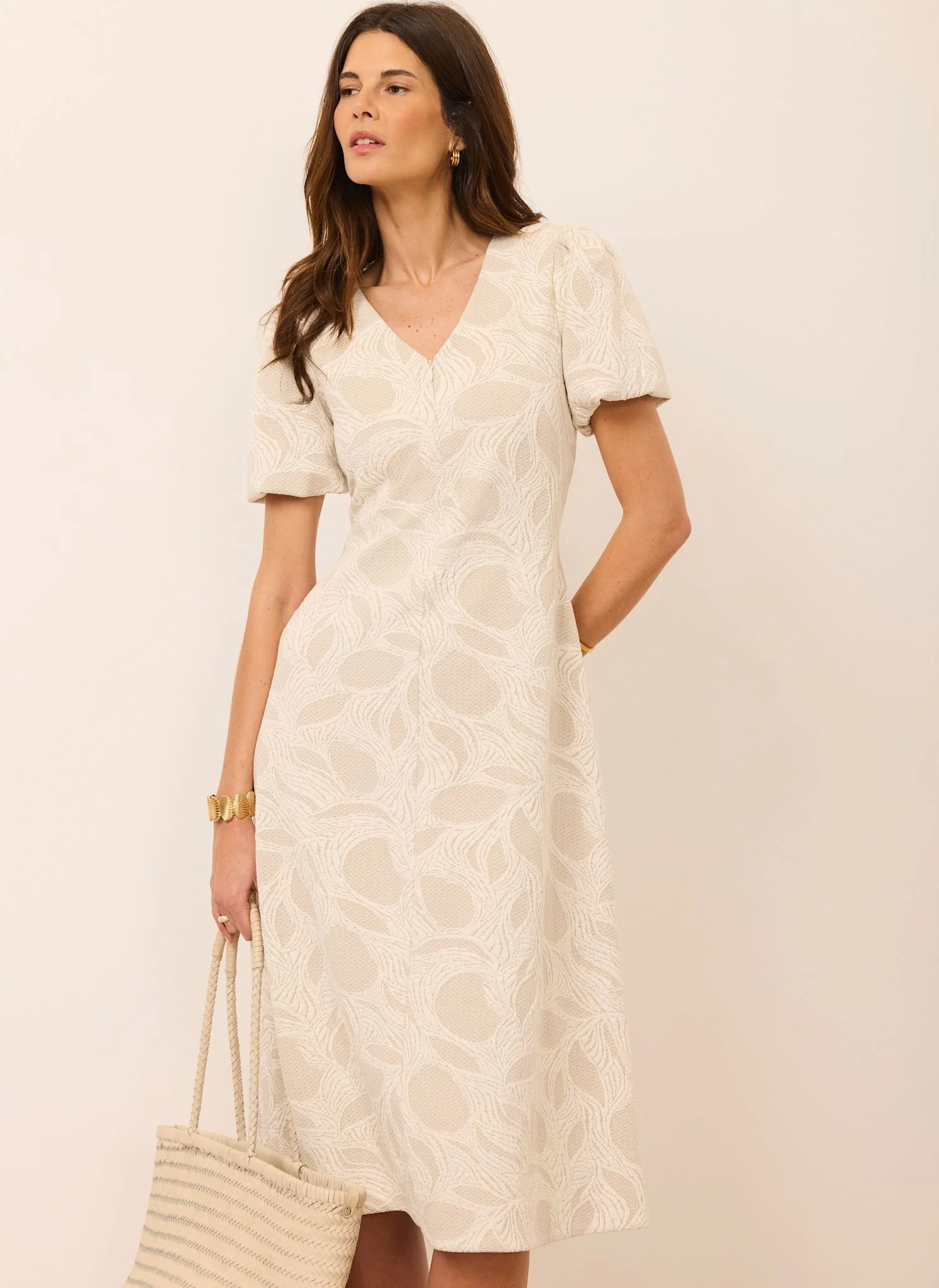 Neutral Jacquard Puff Sleeve Midi Dress