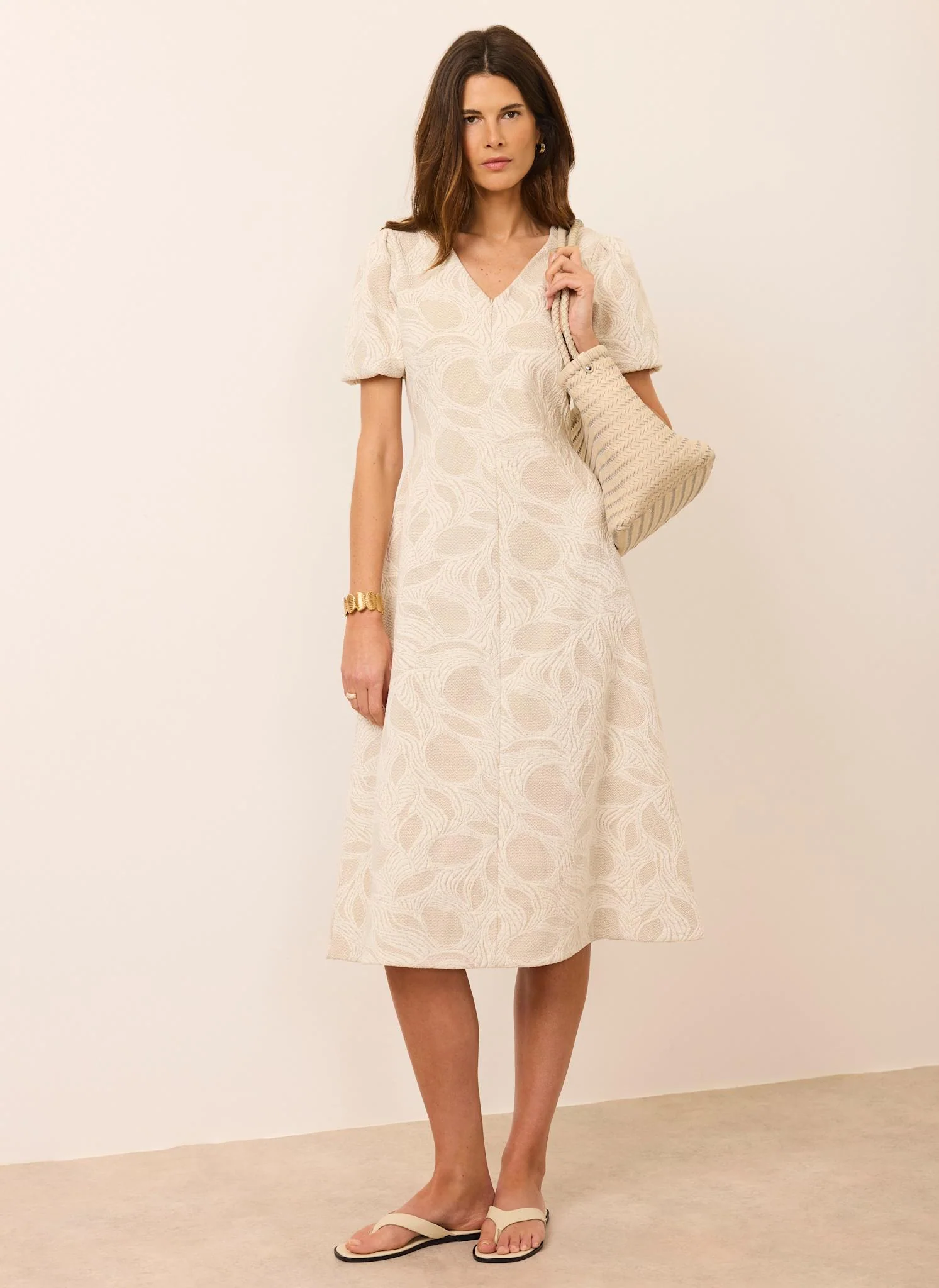 Neutral Jacquard Puff Sleeve Midi Dress