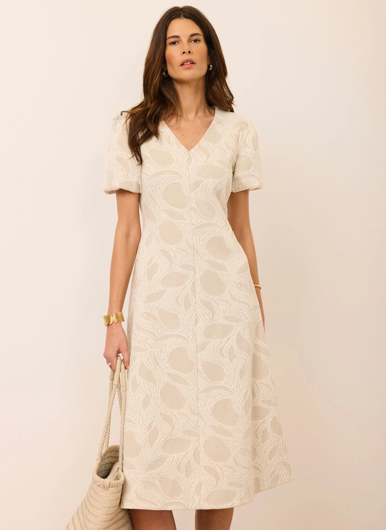 Neutral Jacquard Puff Sleeve Midi Dress