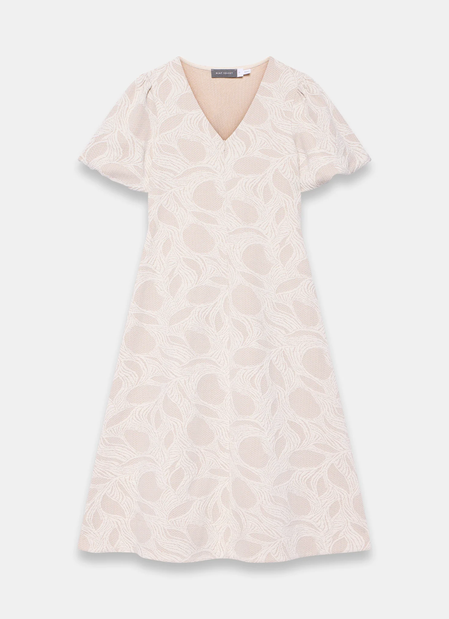 Neutral Jacquard Puff Sleeve Midi Dress
