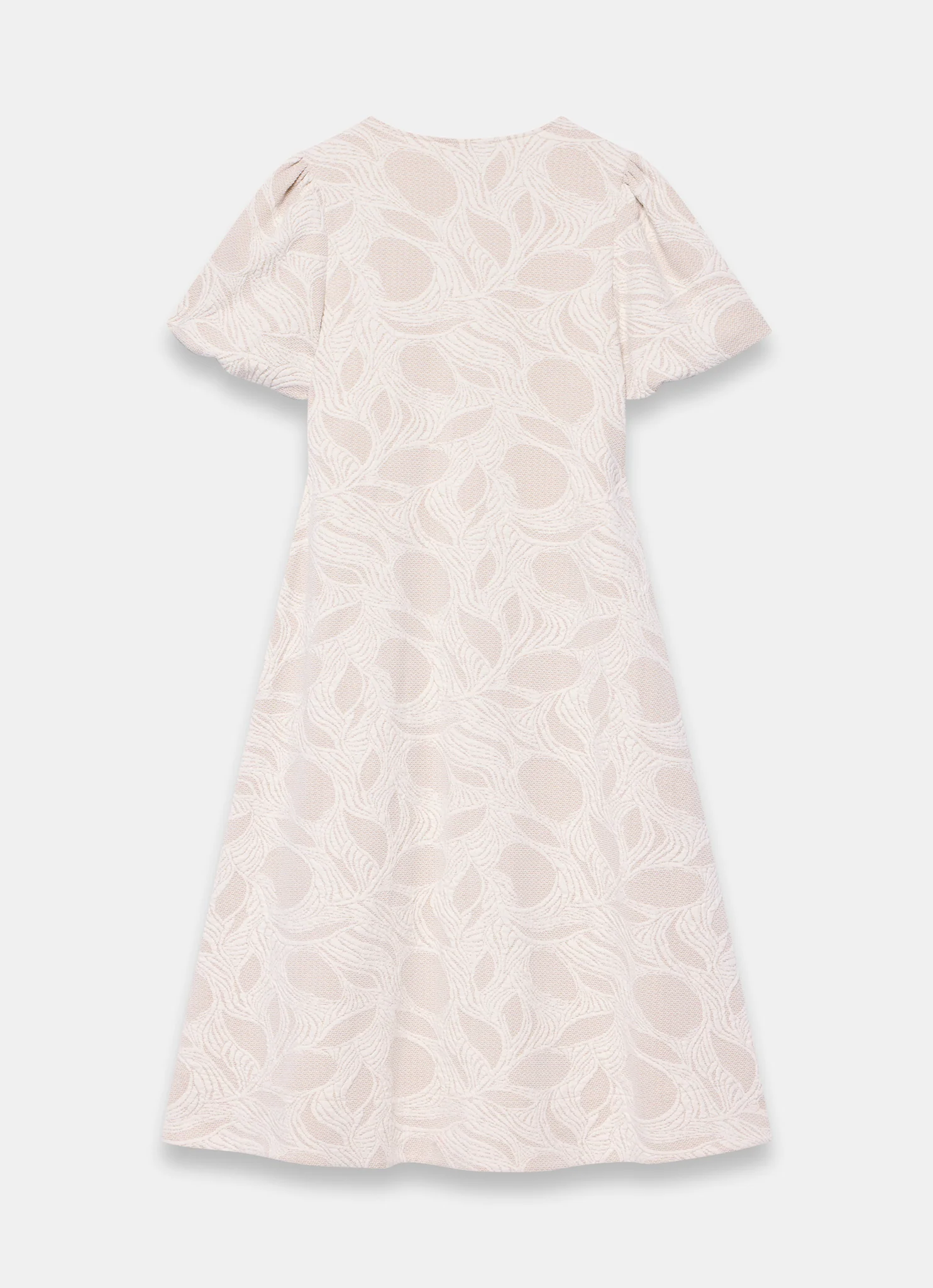 Neutral Jacquard Puff Sleeve Midi Dress