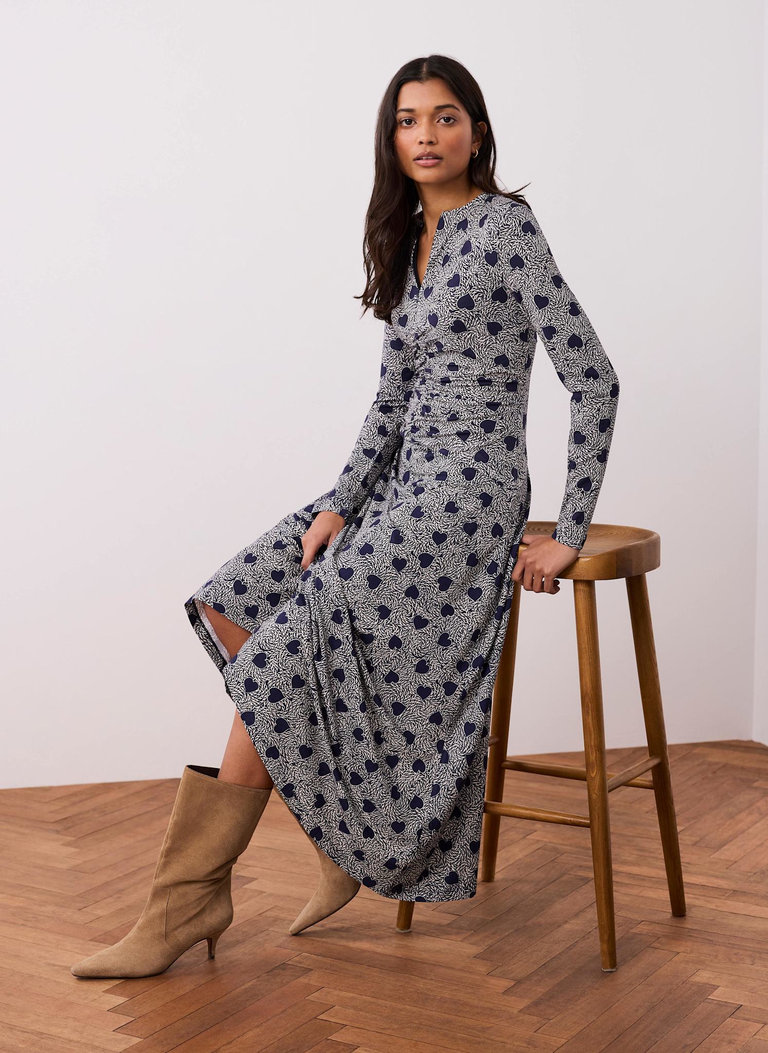 9004-navy-heart-print-zip-front-midi-dress-1.jpg Navy Heart Print Zip Front Midi Dress