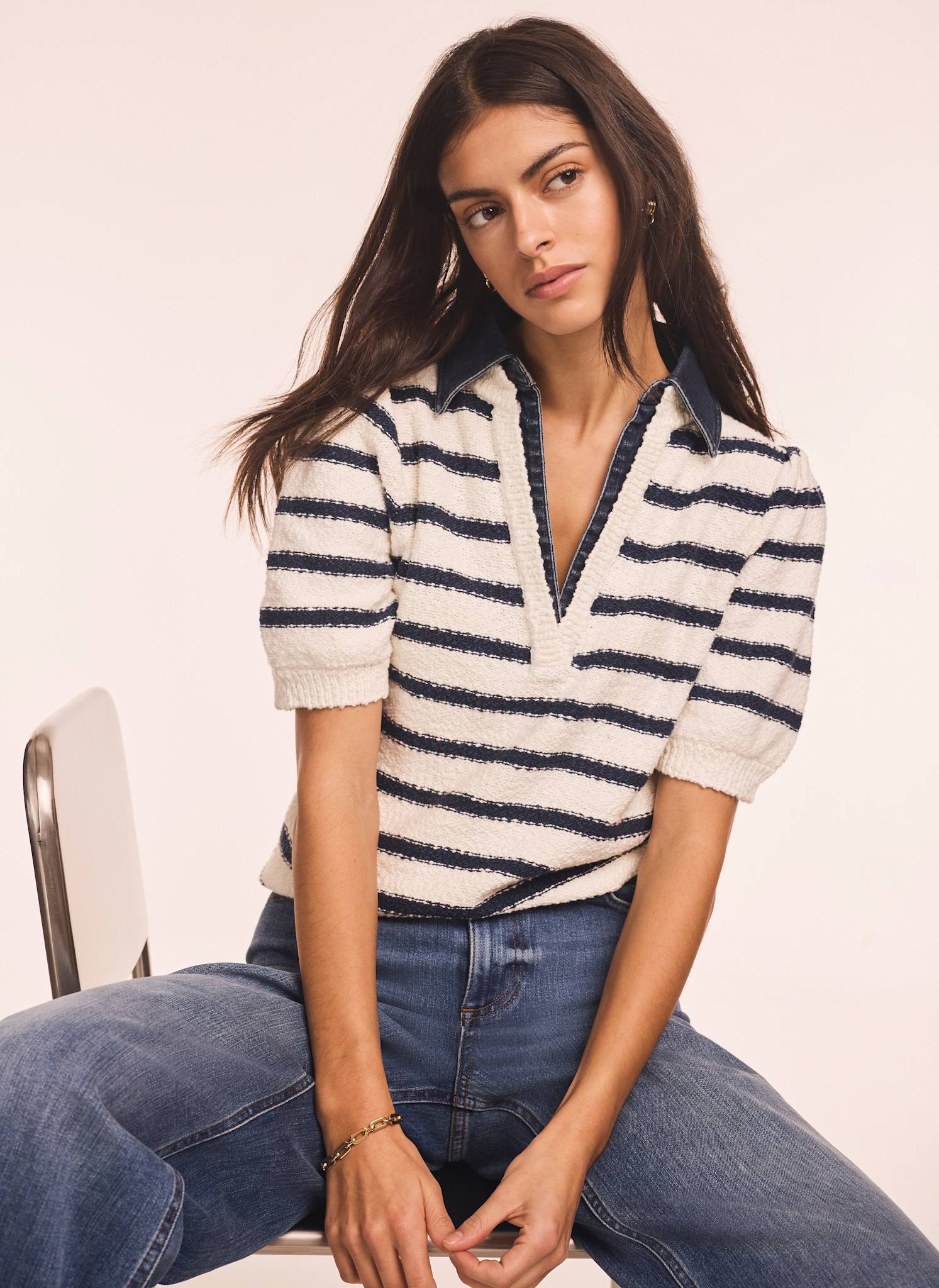 9036-cream-striped-knit-denim-detail-tops-1.jpg Cream Striped Knit Denim Detail Tops