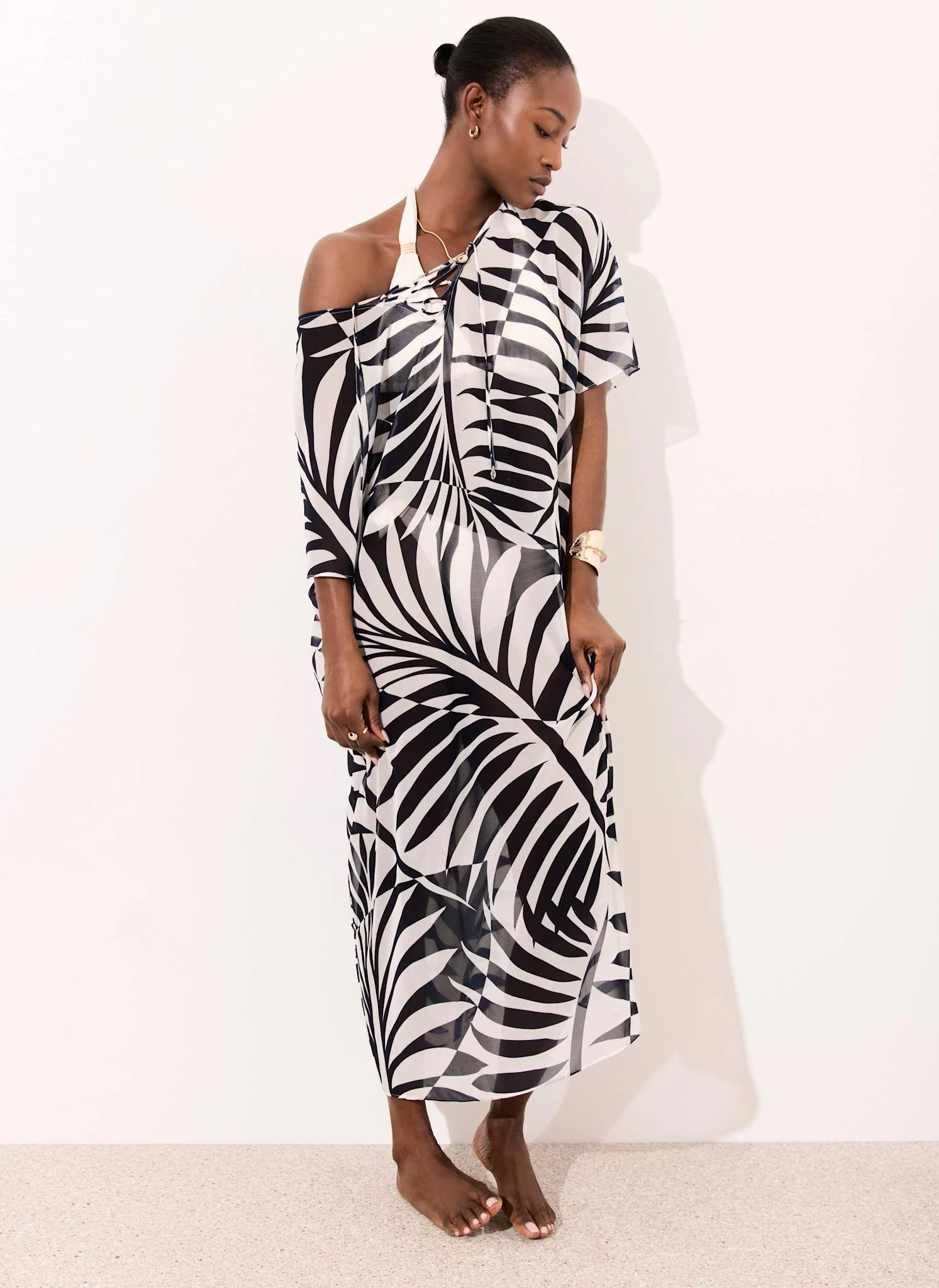 Navy Leaf Print Beach Cover Up