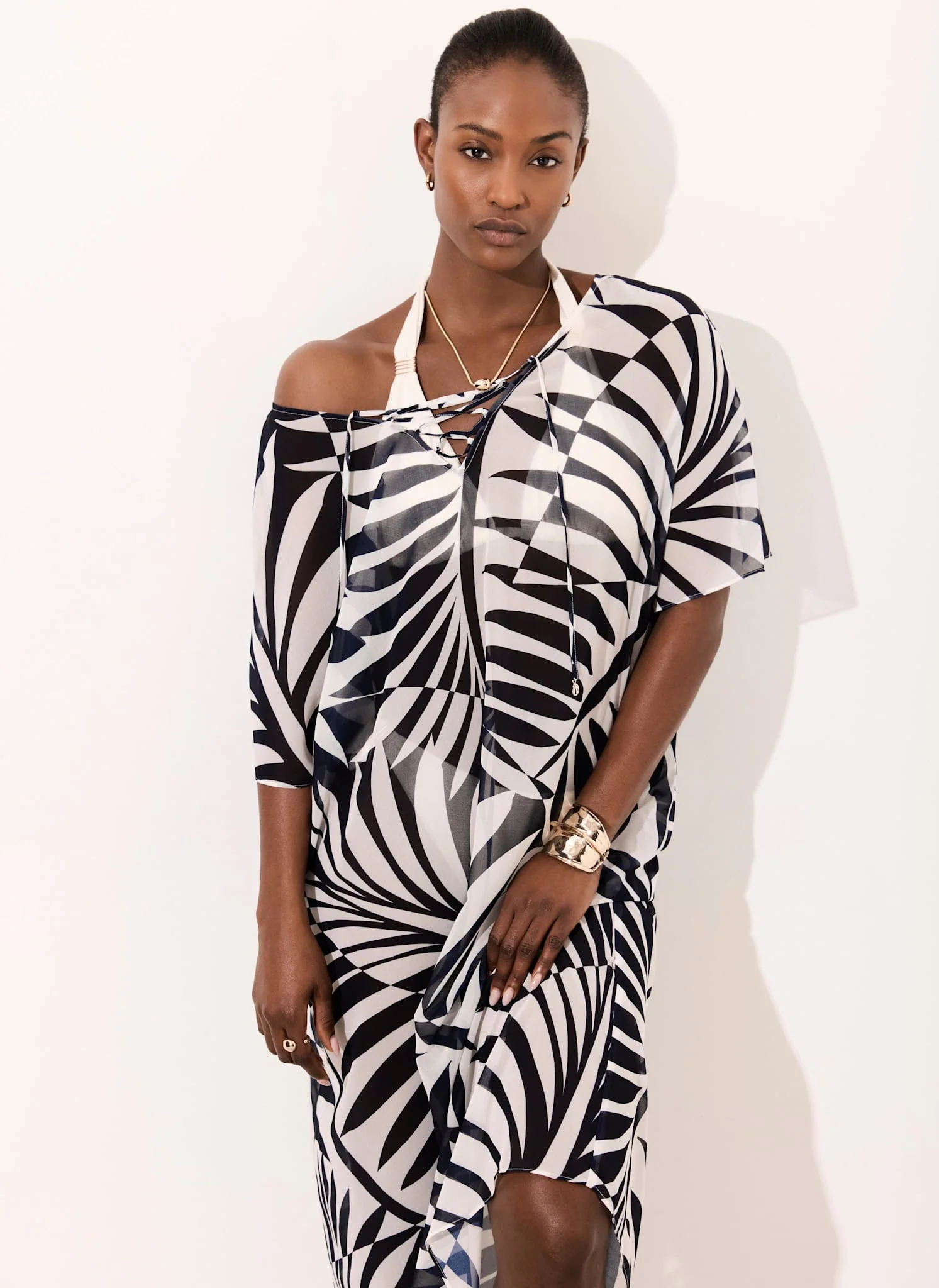 Navy Leaf Print Beach Cover Up
