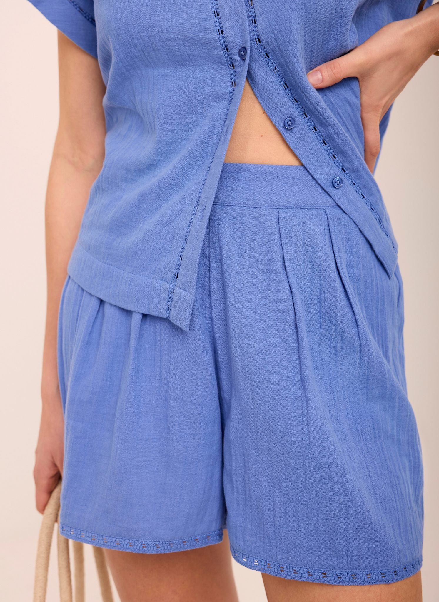 9094-blue-cotton-cheesecloth-shirt-and-shorts-set-4.jpg Blue Cotton Cheesecloth Shirt And Shorts Set