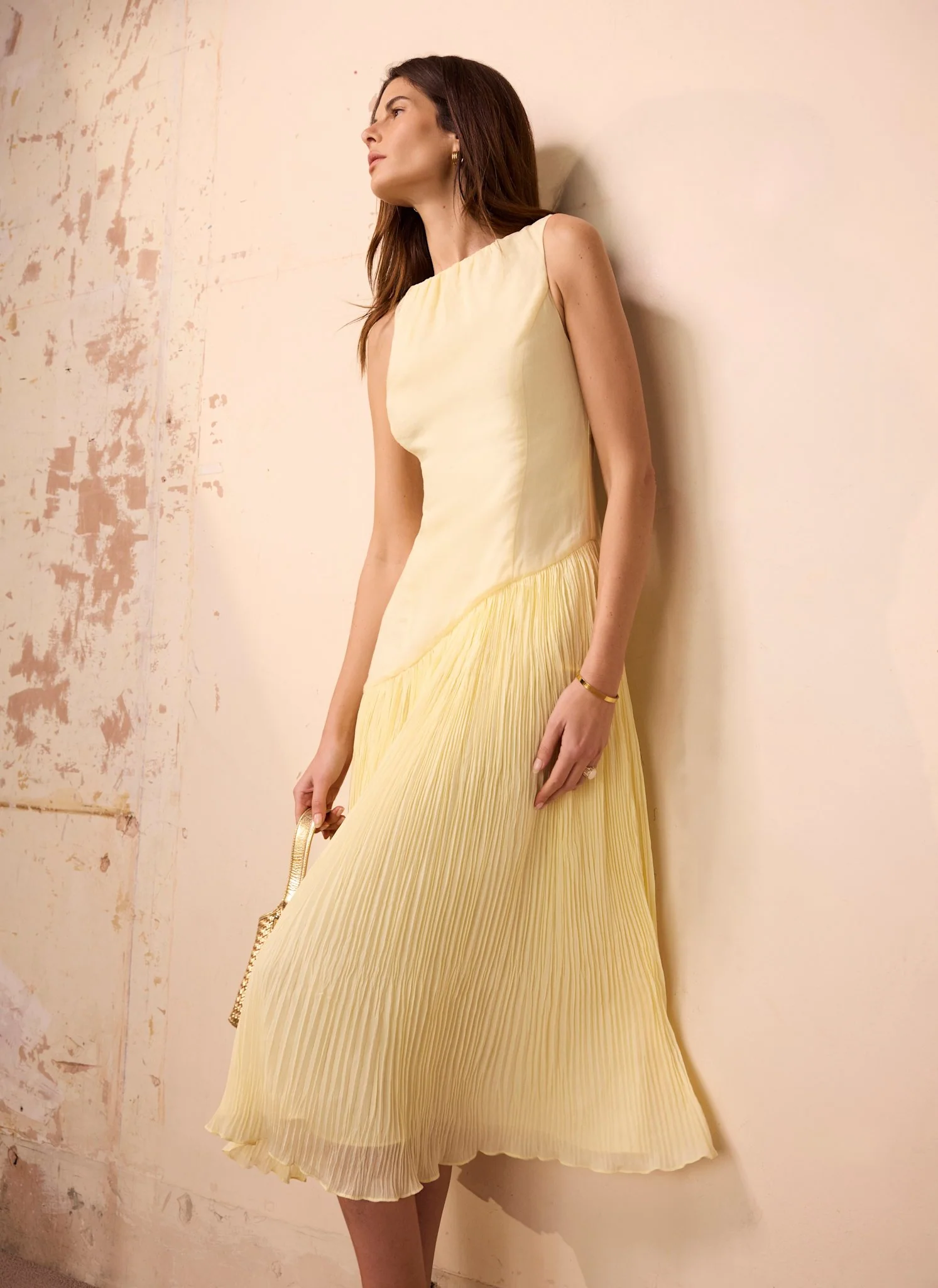 Yellow Crinkle Drop Waist Midi Dress