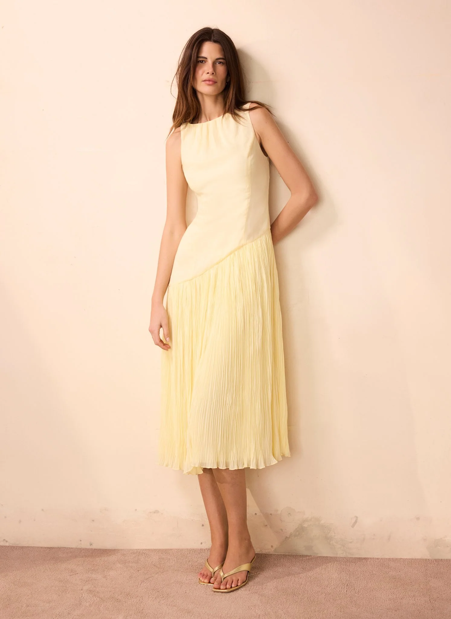 Yellow Crinkle Drop Waist Midi Dress
