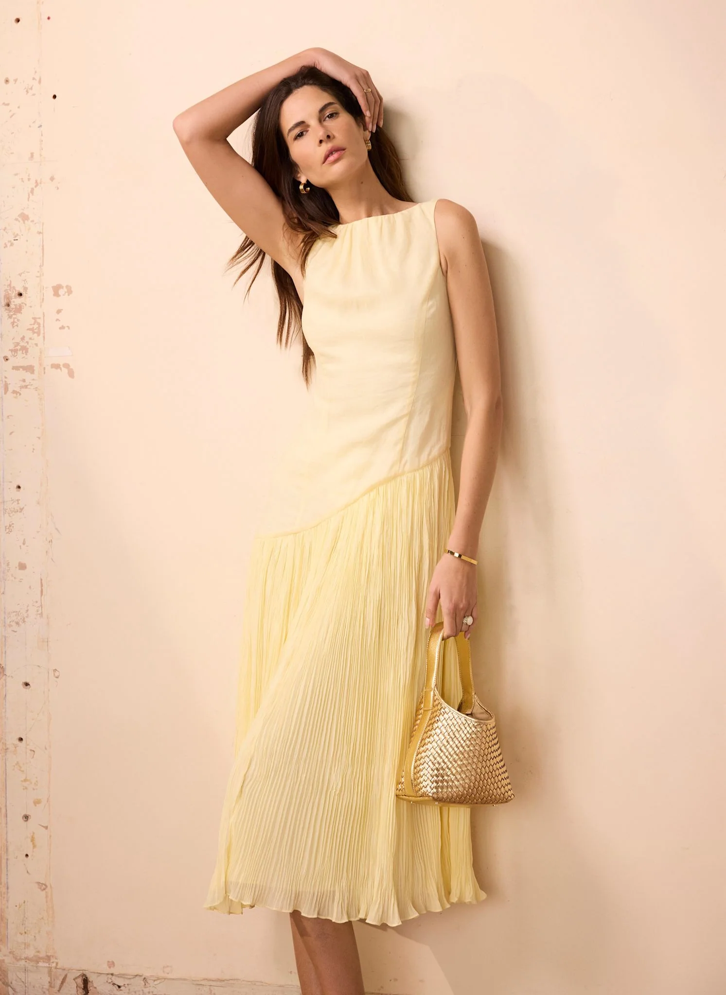 Yellow Crinkle Drop Waist Midi Dress