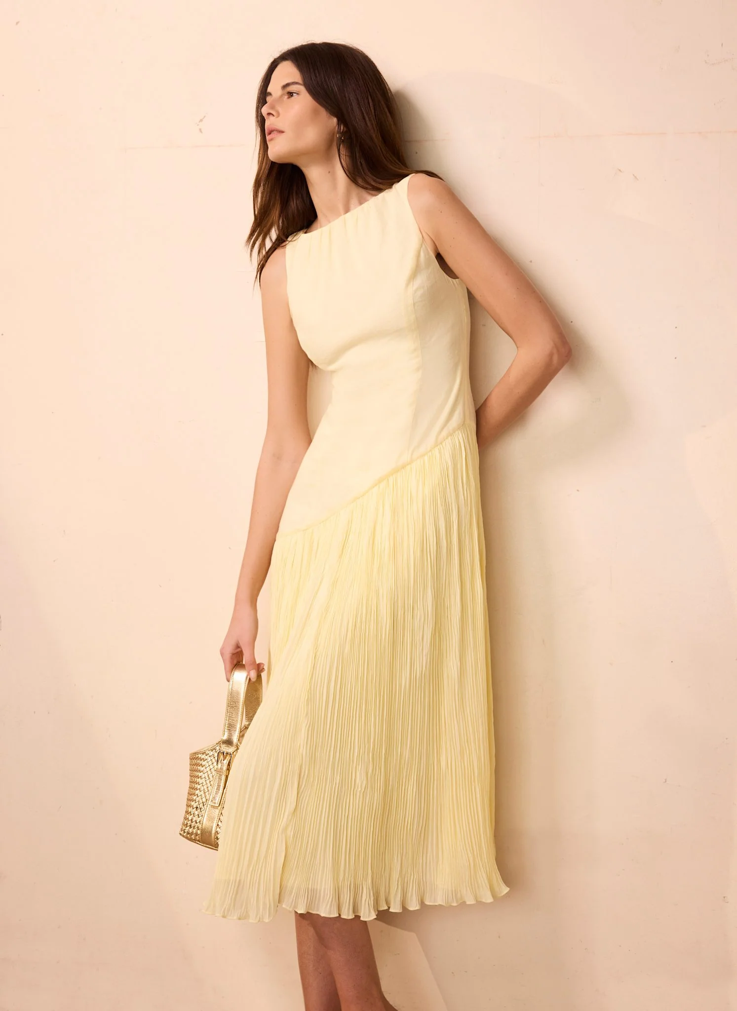 Yellow Crinkle Drop Waist Midi Dress