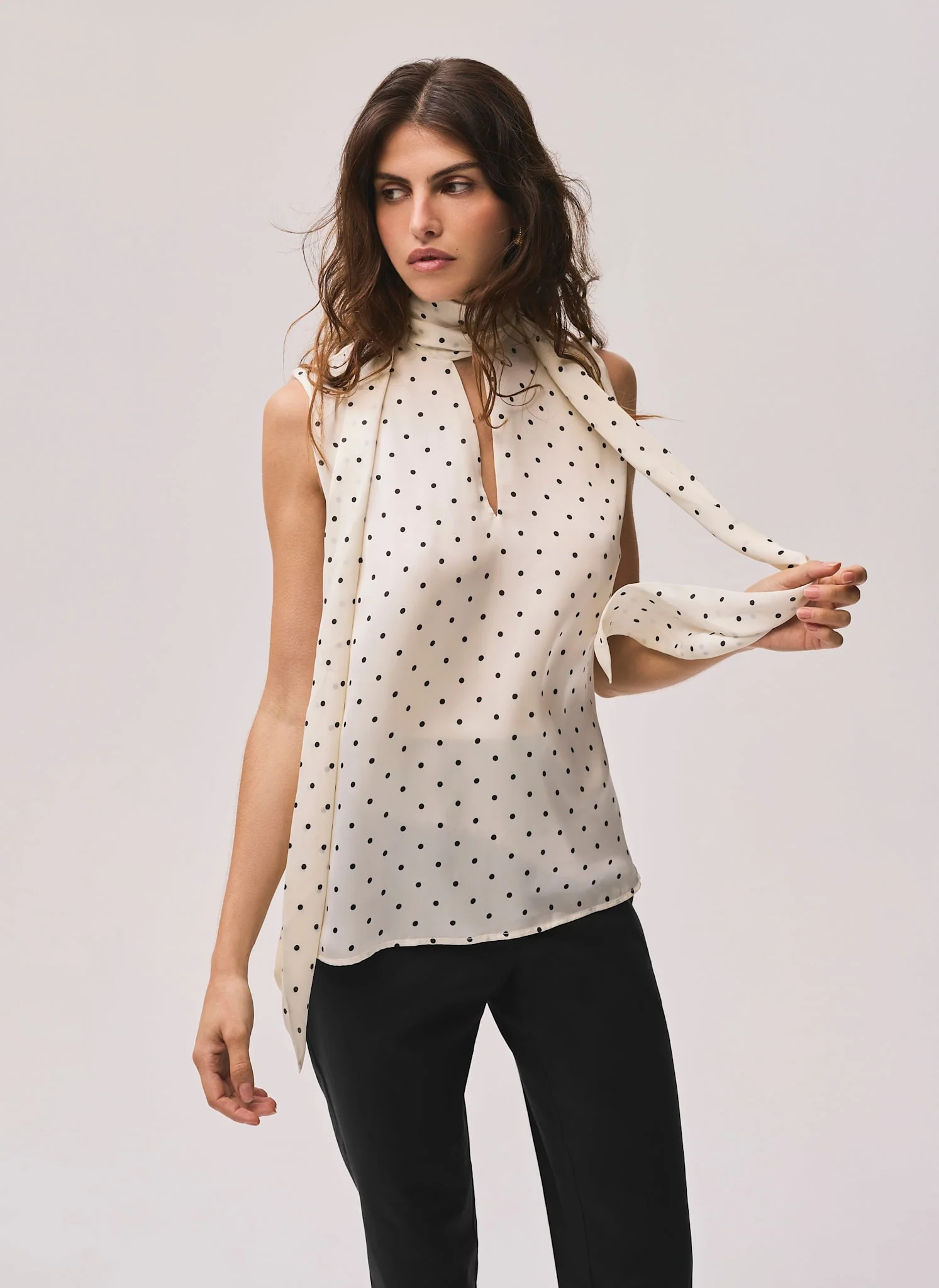 9100-cream-polka-dot-tie-neck-top-1.webp Cream Polka Dot Tie Neck Top