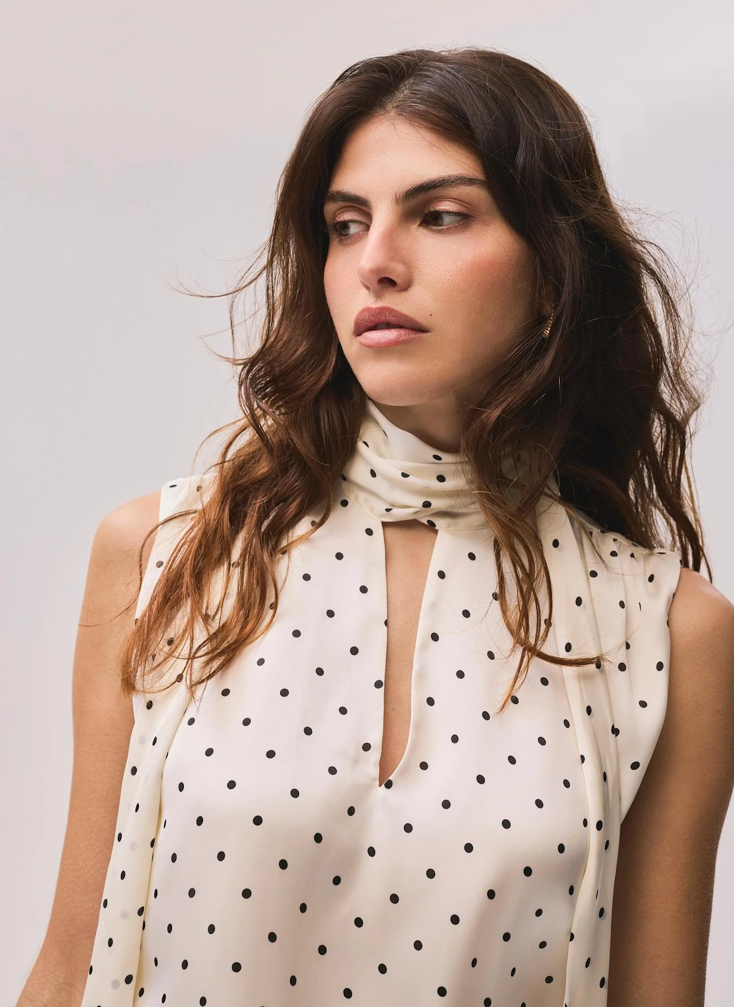 9100-cream-polka-dot-tie-neck-top-4.webp Cream Polka Dot Tie Neck Top