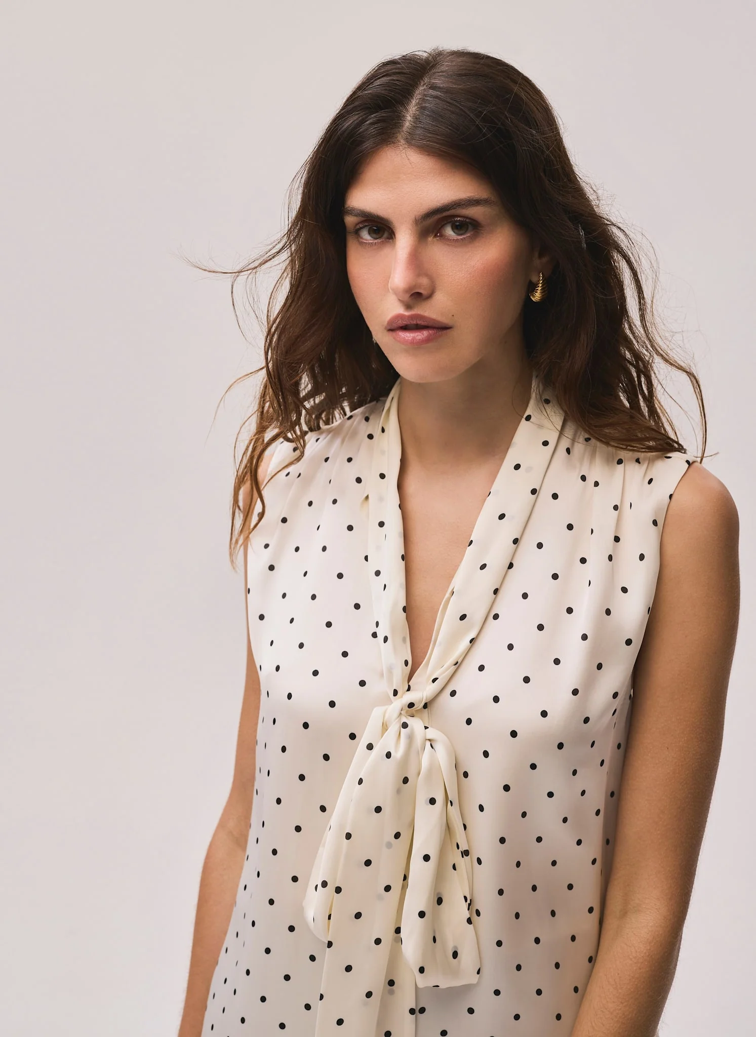 9100-cream-polka-dot-tie-neck-top-6.webp Cream Polka Dot Tie Neck Top