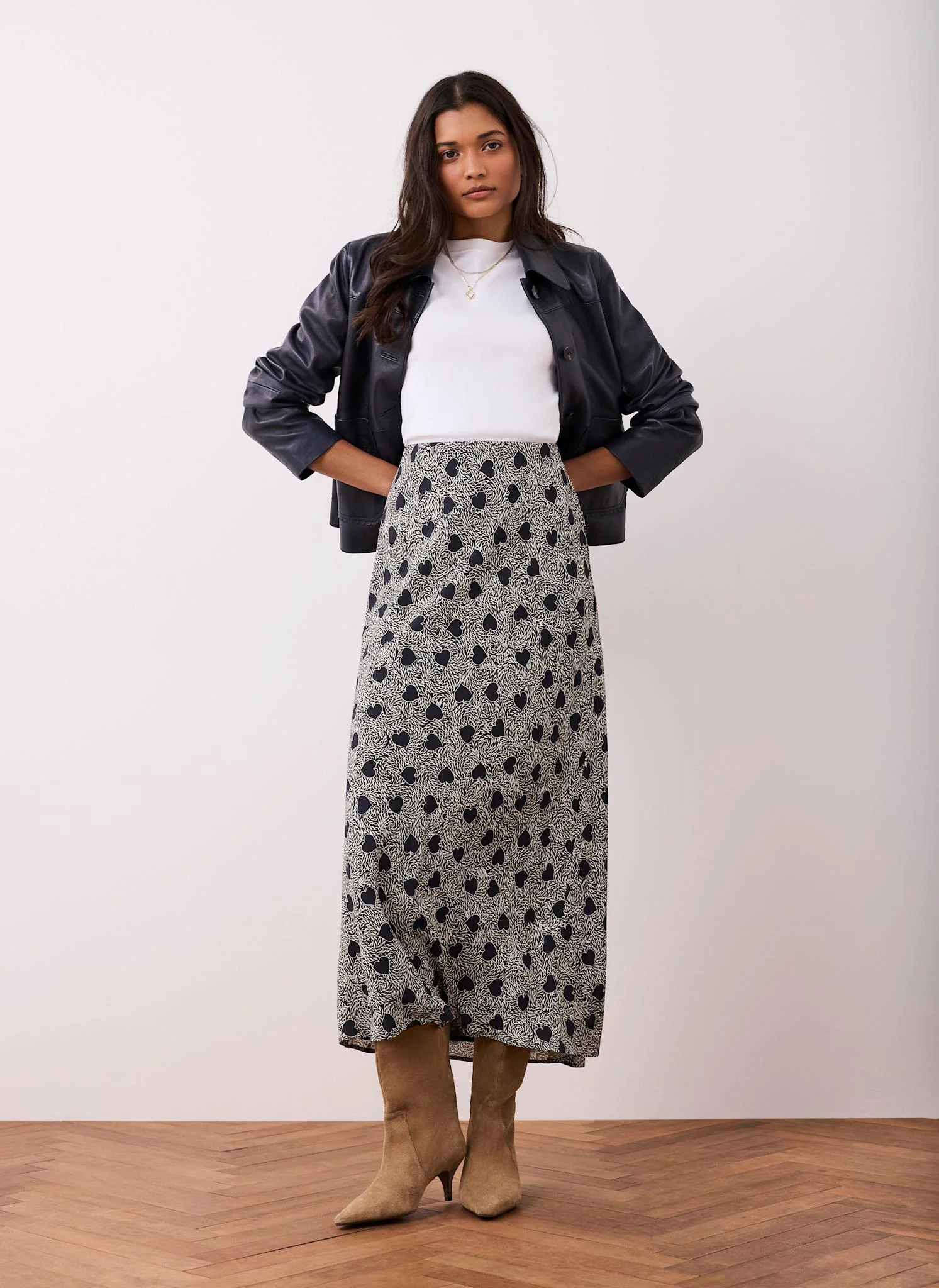 Navy Heart Print Maxi Skirt