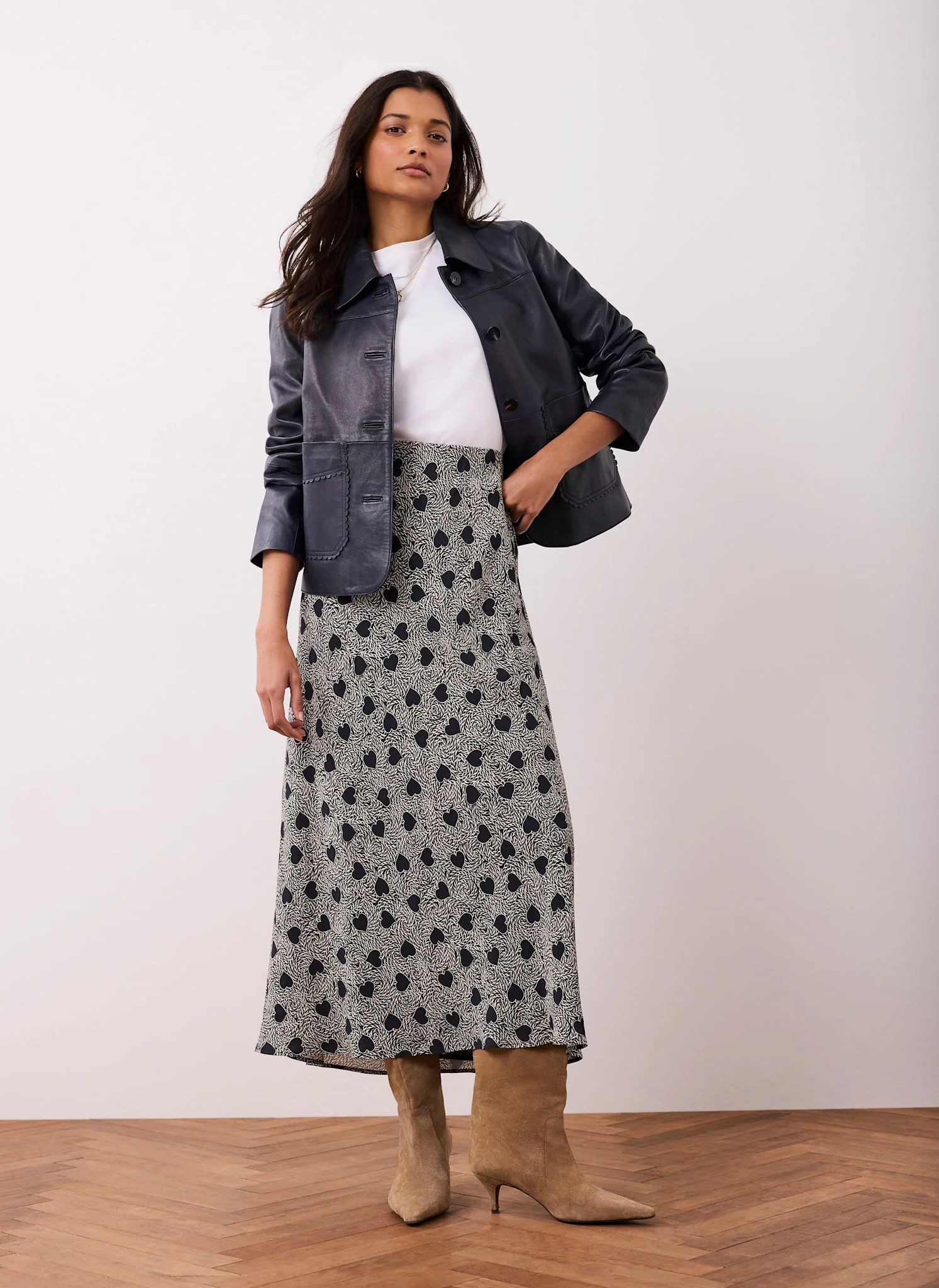 Navy Heart Print Maxi Skirt