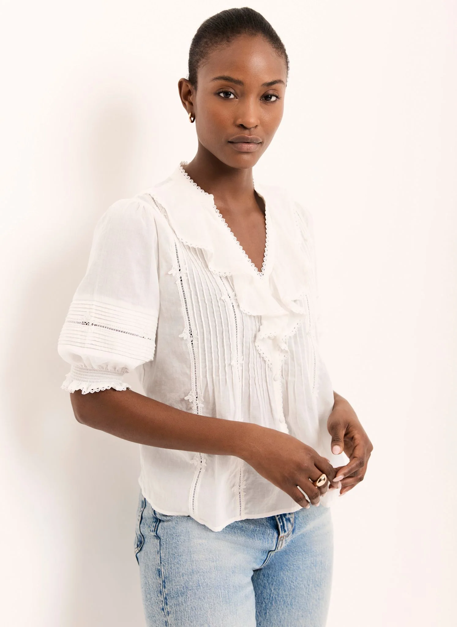 Cream Cotton Ruffle Blouse