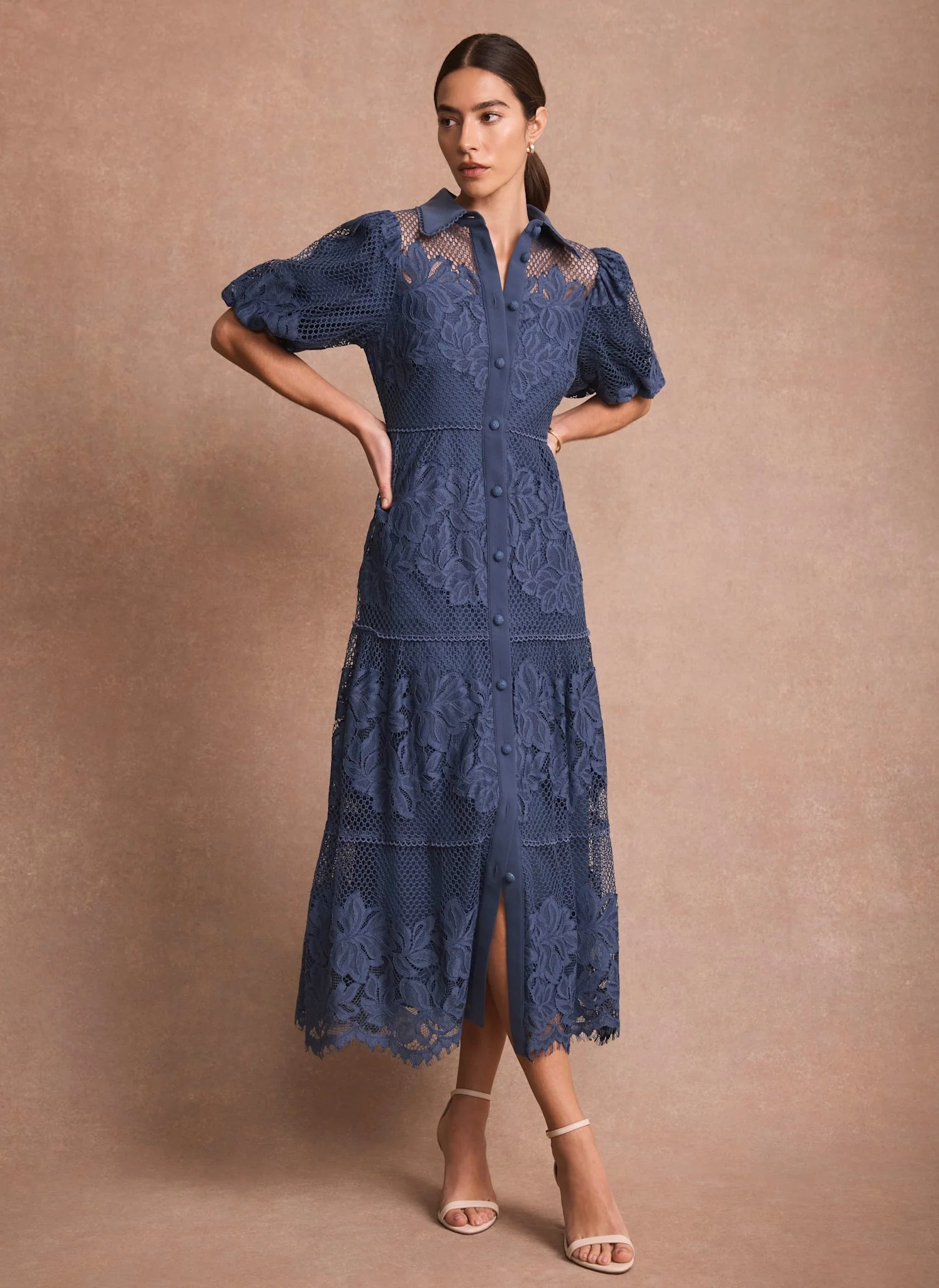 Blue Lace Midi Shirt Dress