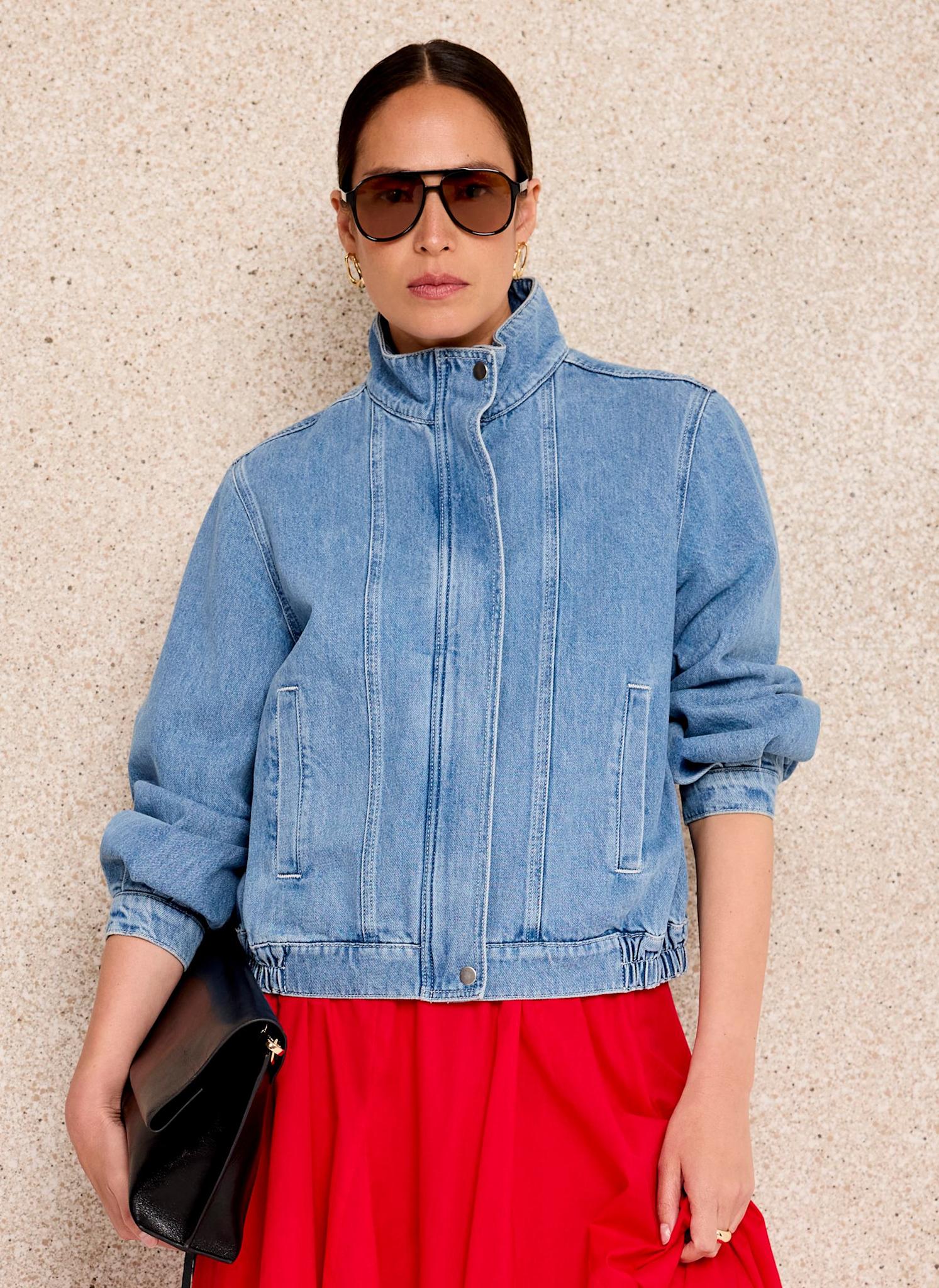 Mid Indigo Funnel Neck Denim Bomber Jacket