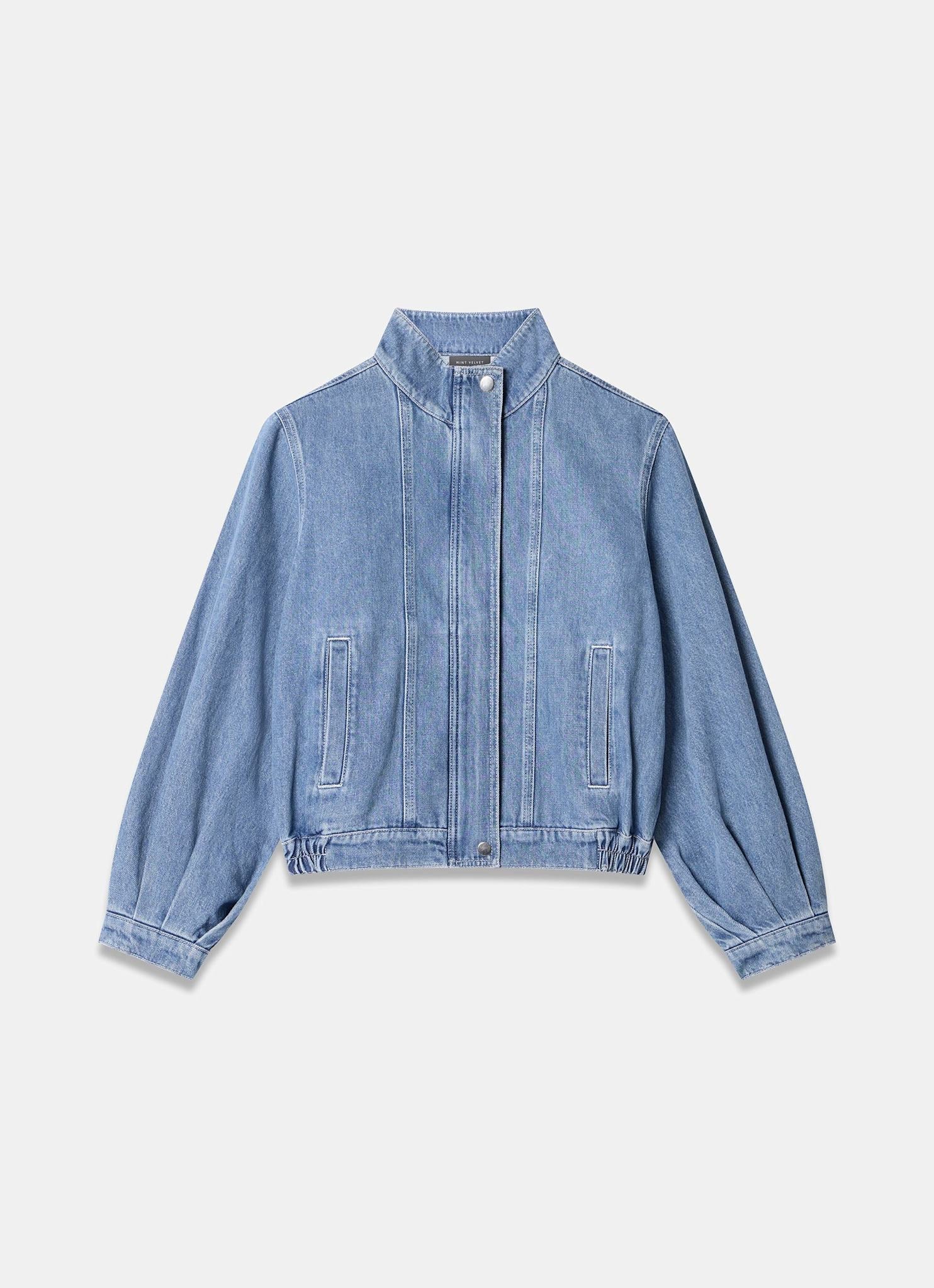 Mid Indigo Funnel Neck Denim Bomber Jacket