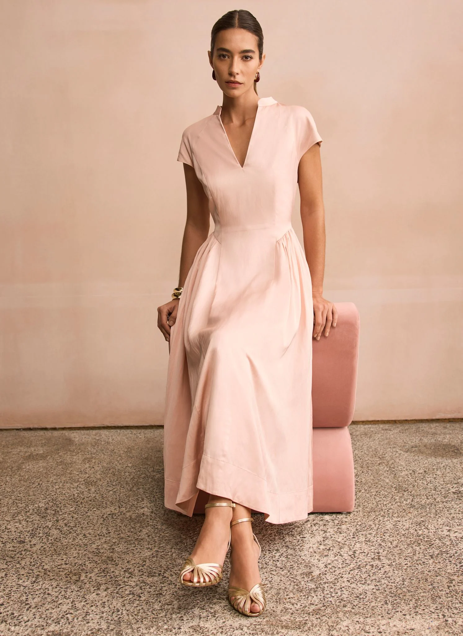 Pink Ruched Detail Midi Dress