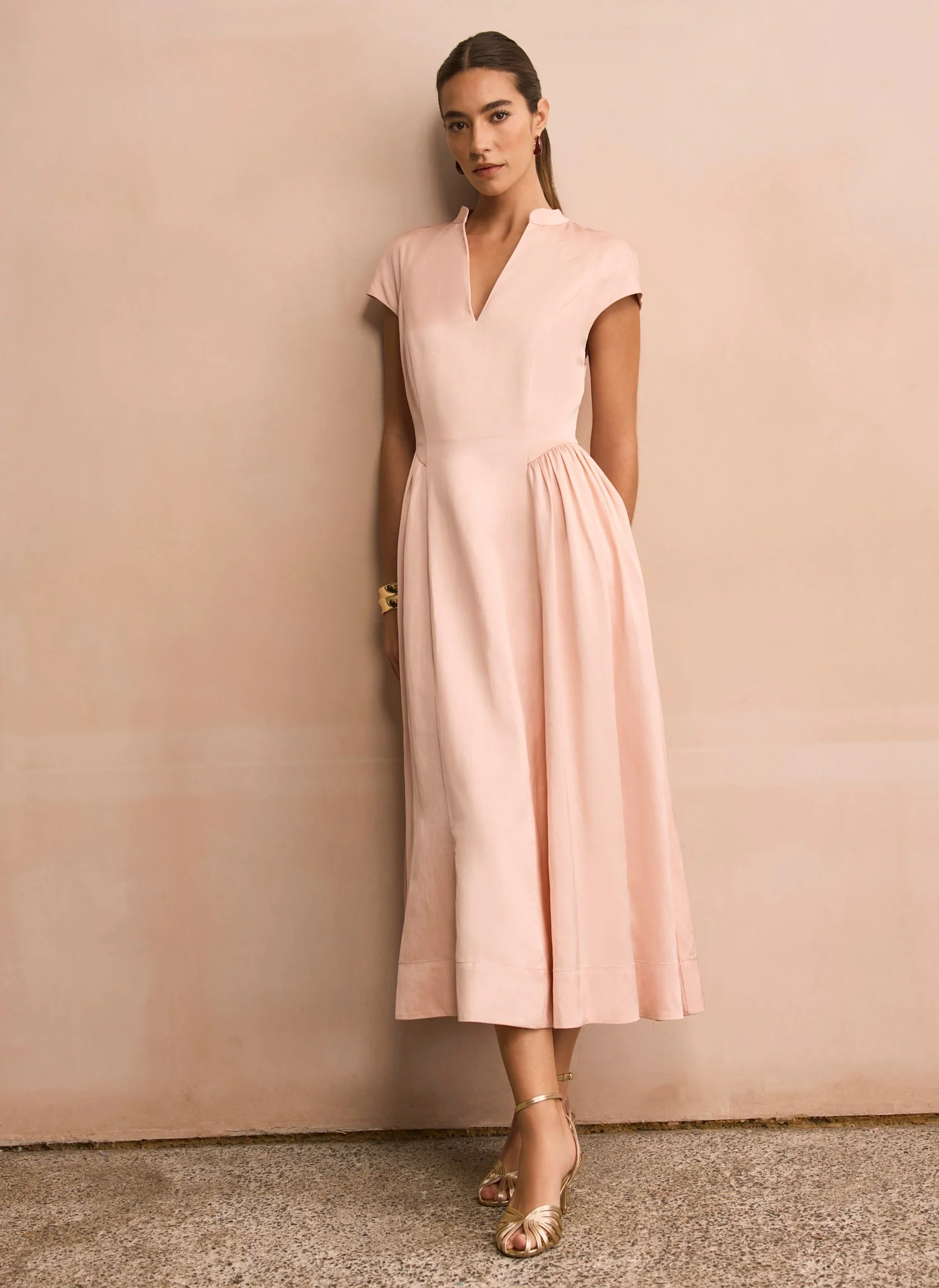 Pink Ruched Detail Midi Dress
