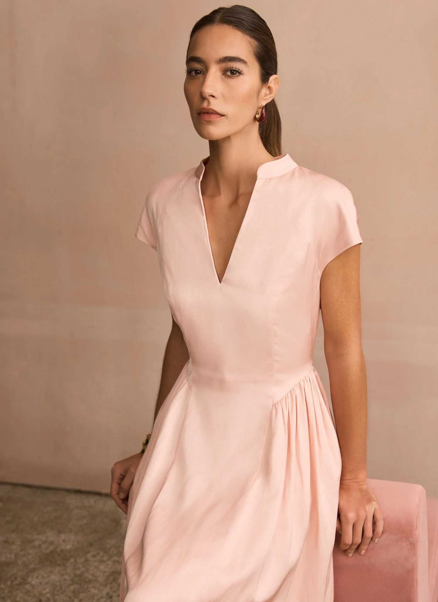 Pink Ruched Detail Midi Dress