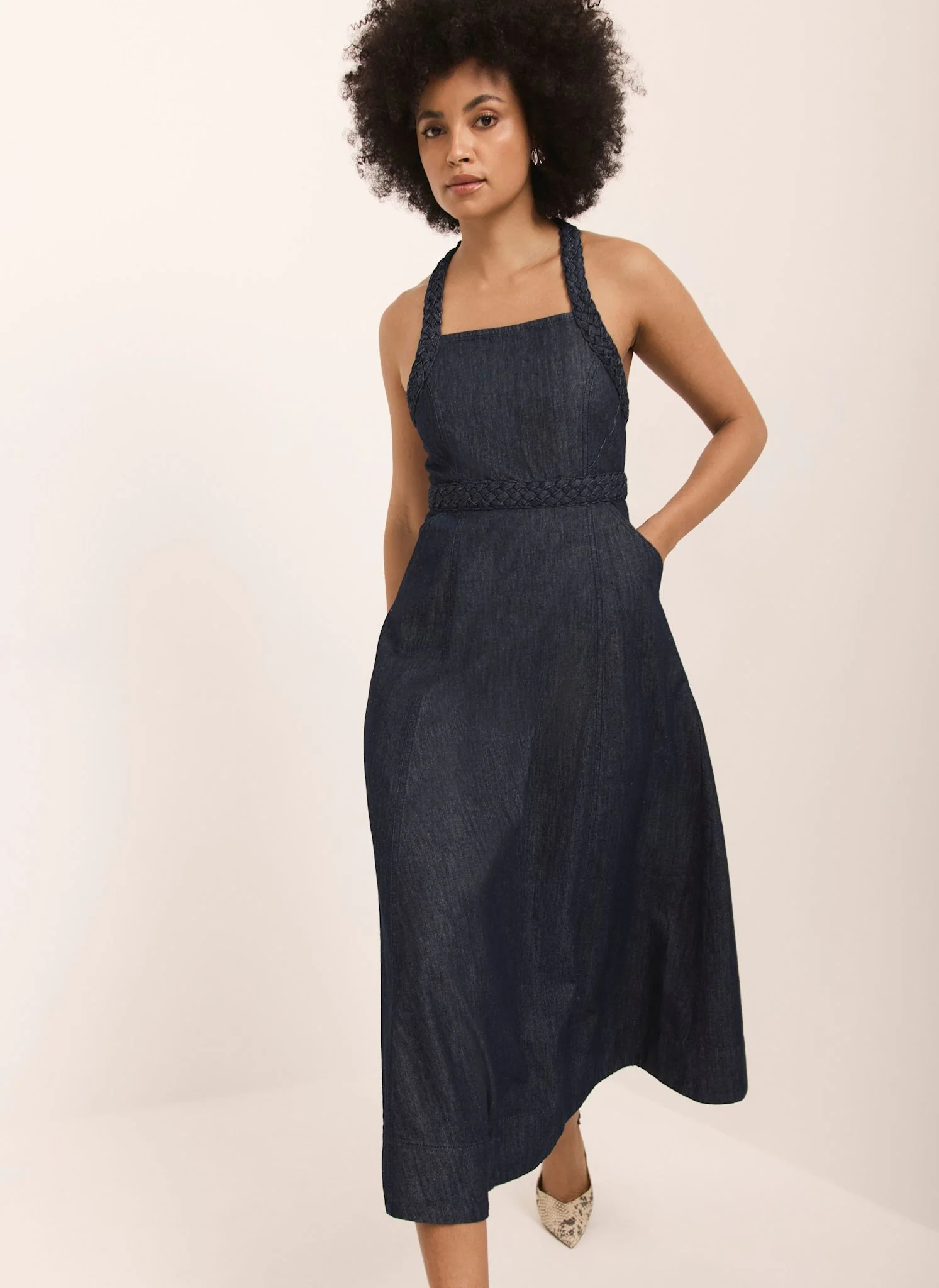 Dark Indigo Denim Halter Midi Dress