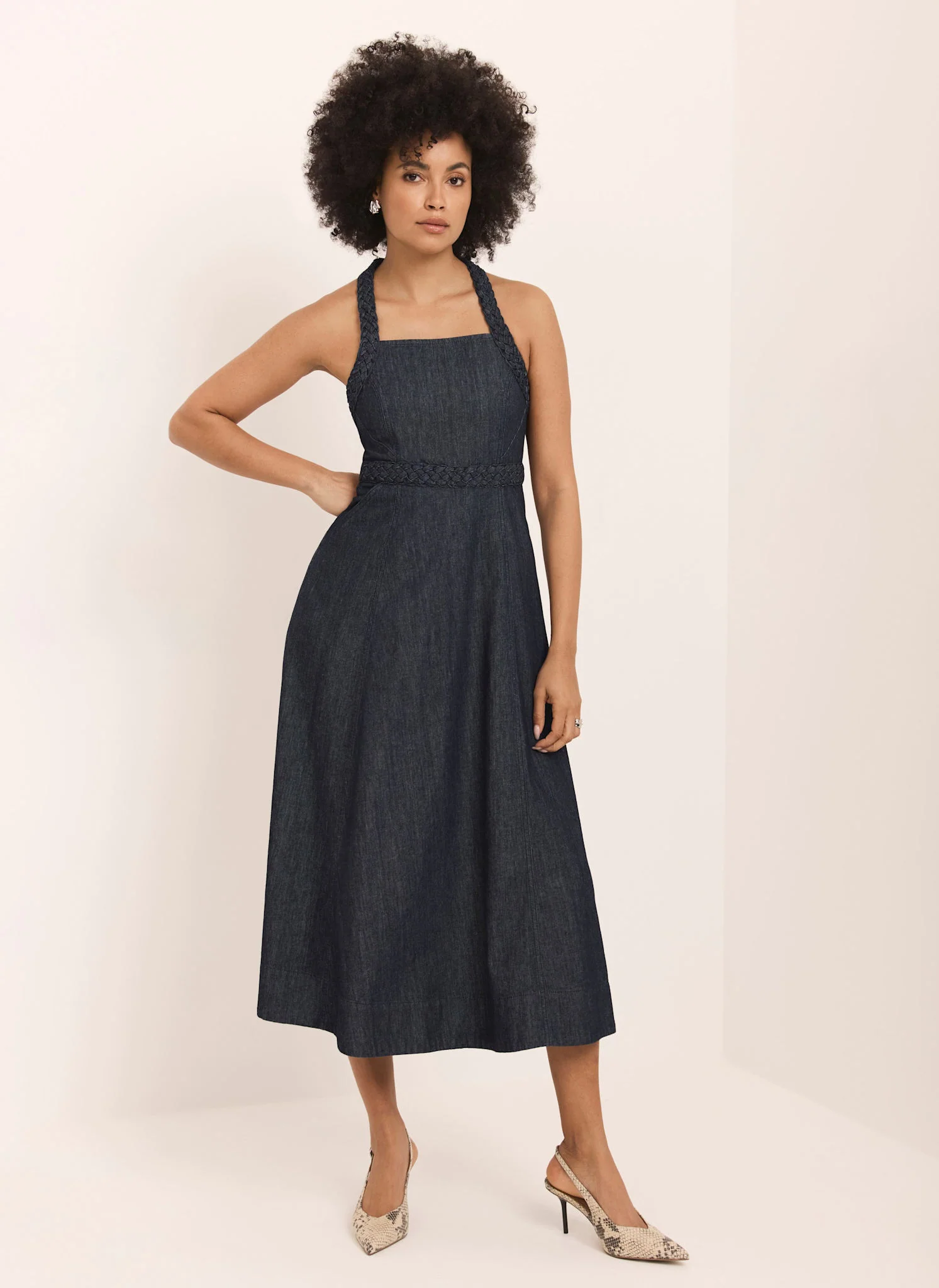 Dark Indigo Denim Halter Midi Dress