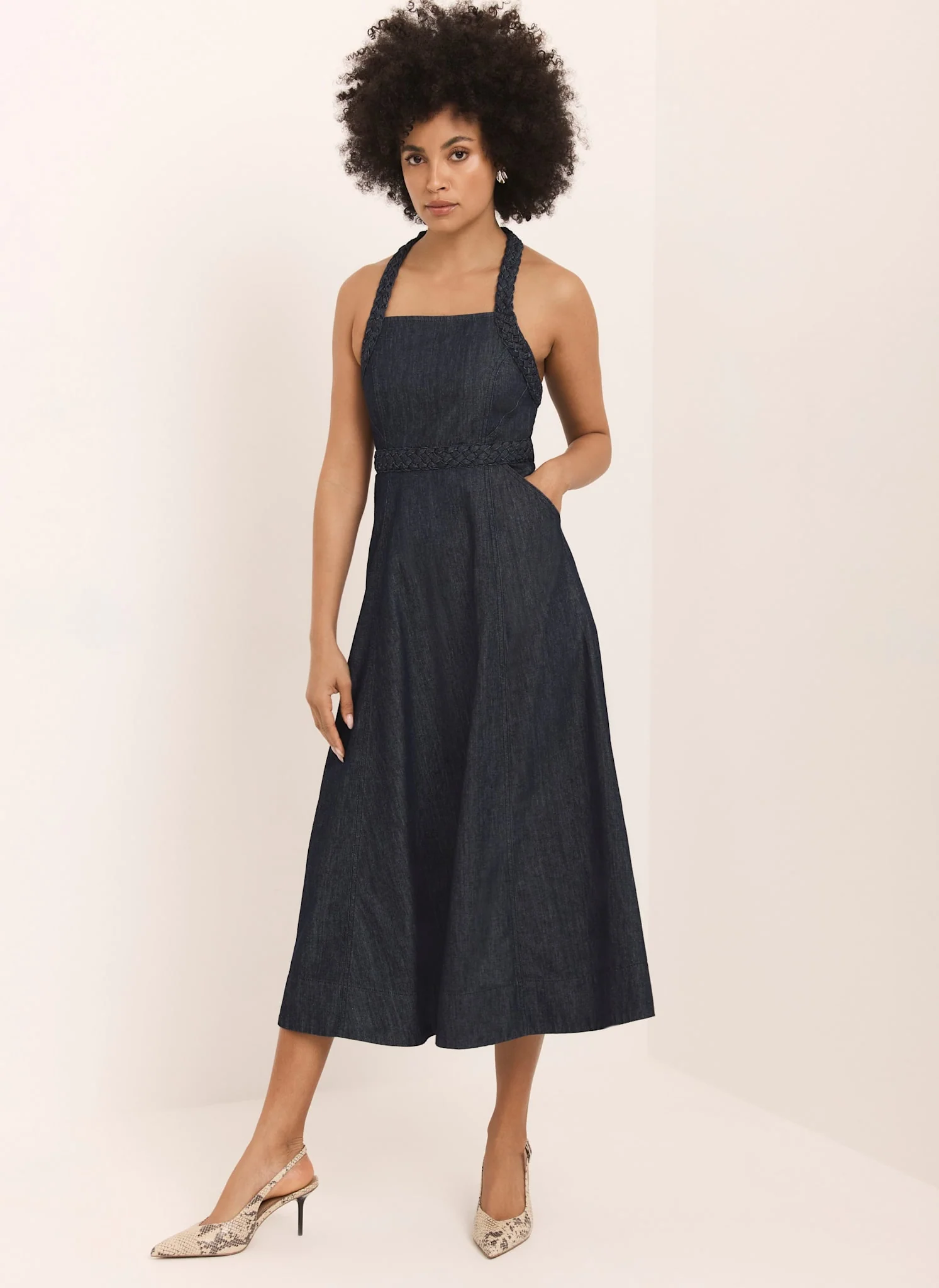 Dark Indigo Denim Halter Midi Dress
