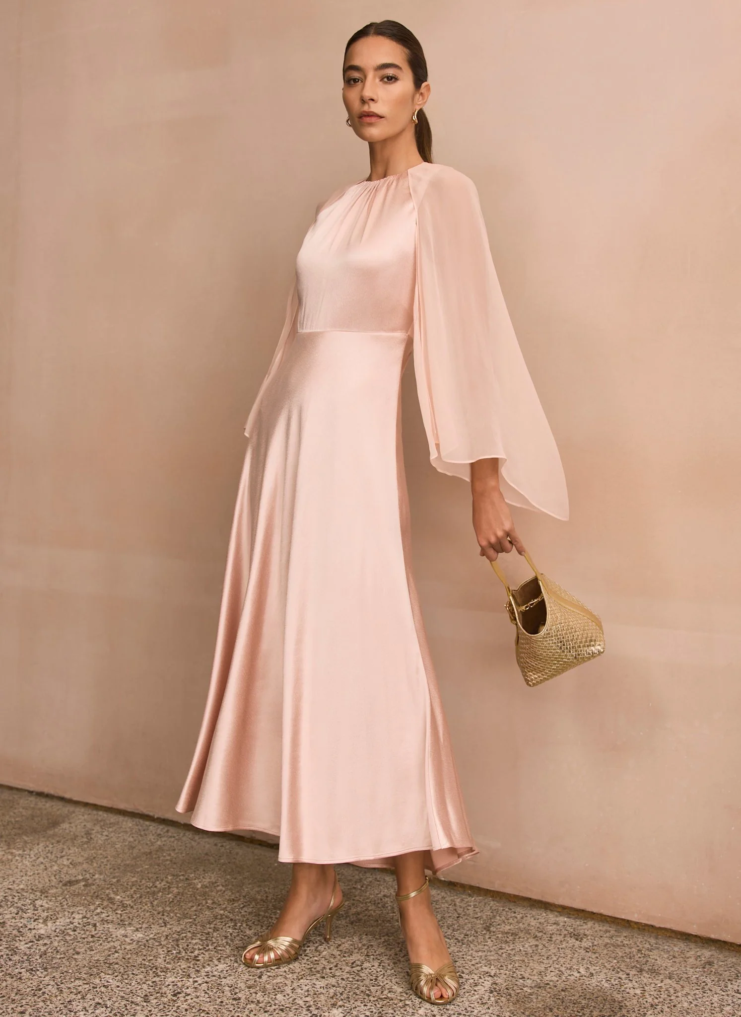 Pink Satin Cape Maxi Dress