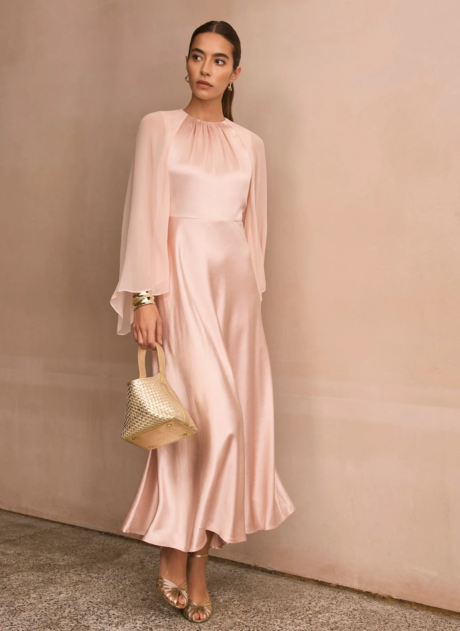 Pink Satin Cape Maxi Dress