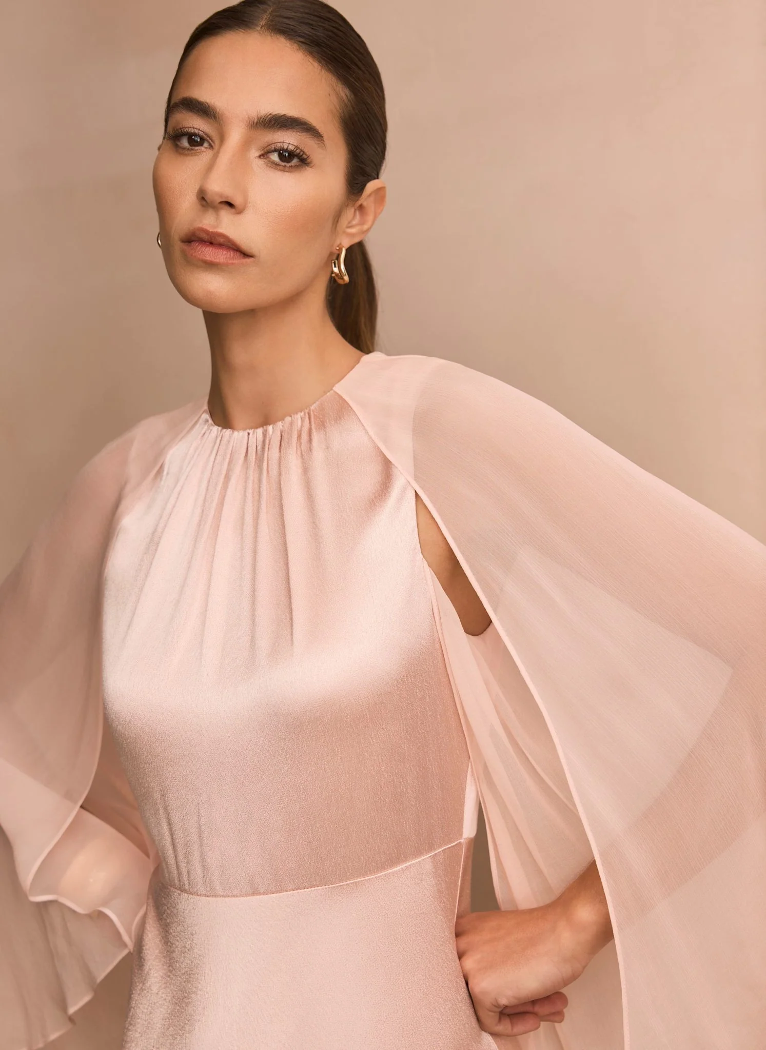 Pink Satin Cape Maxi Dress