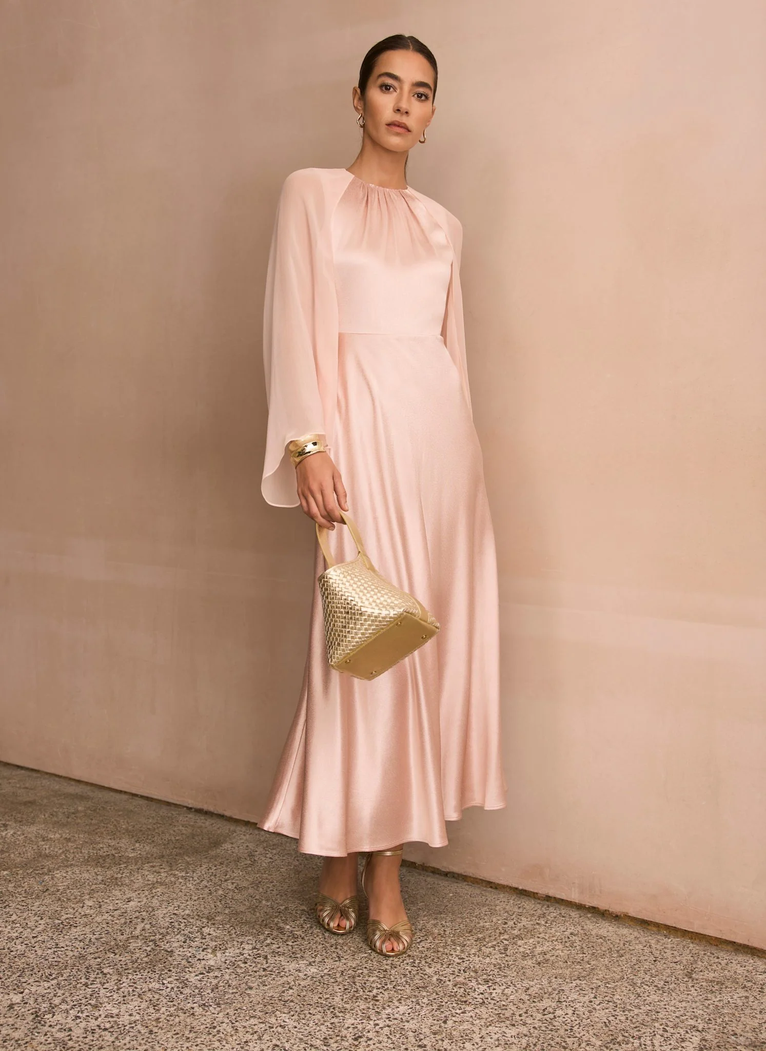 Pink Satin Cape Maxi Dress