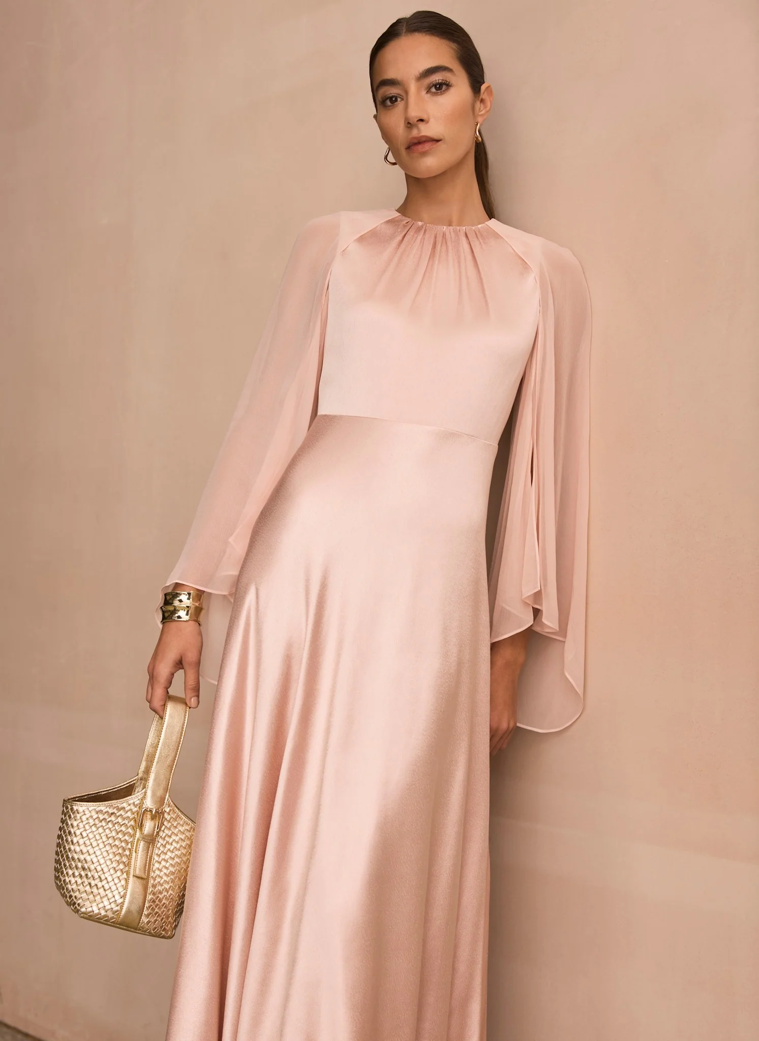 Pink Satin Cape Maxi Dress