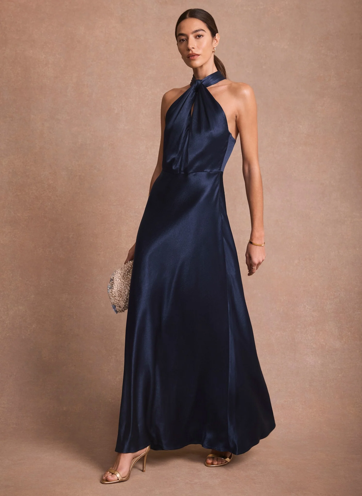 Navy Satin Halter Maxi Dress