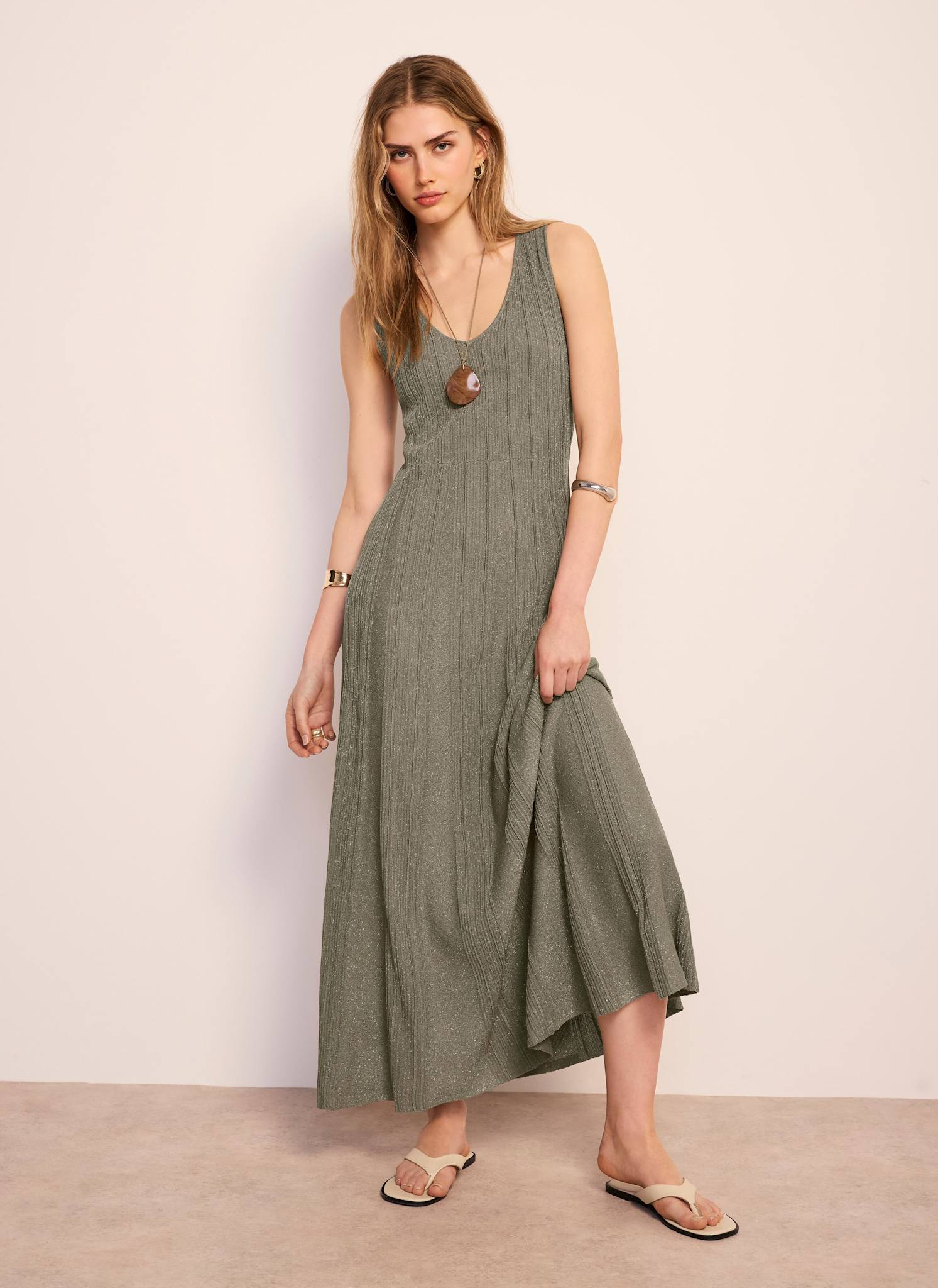 932-khaki-sleeveless-knit-midi-dress-1.jpg Khaki Sleeveless Knit Midi Dress