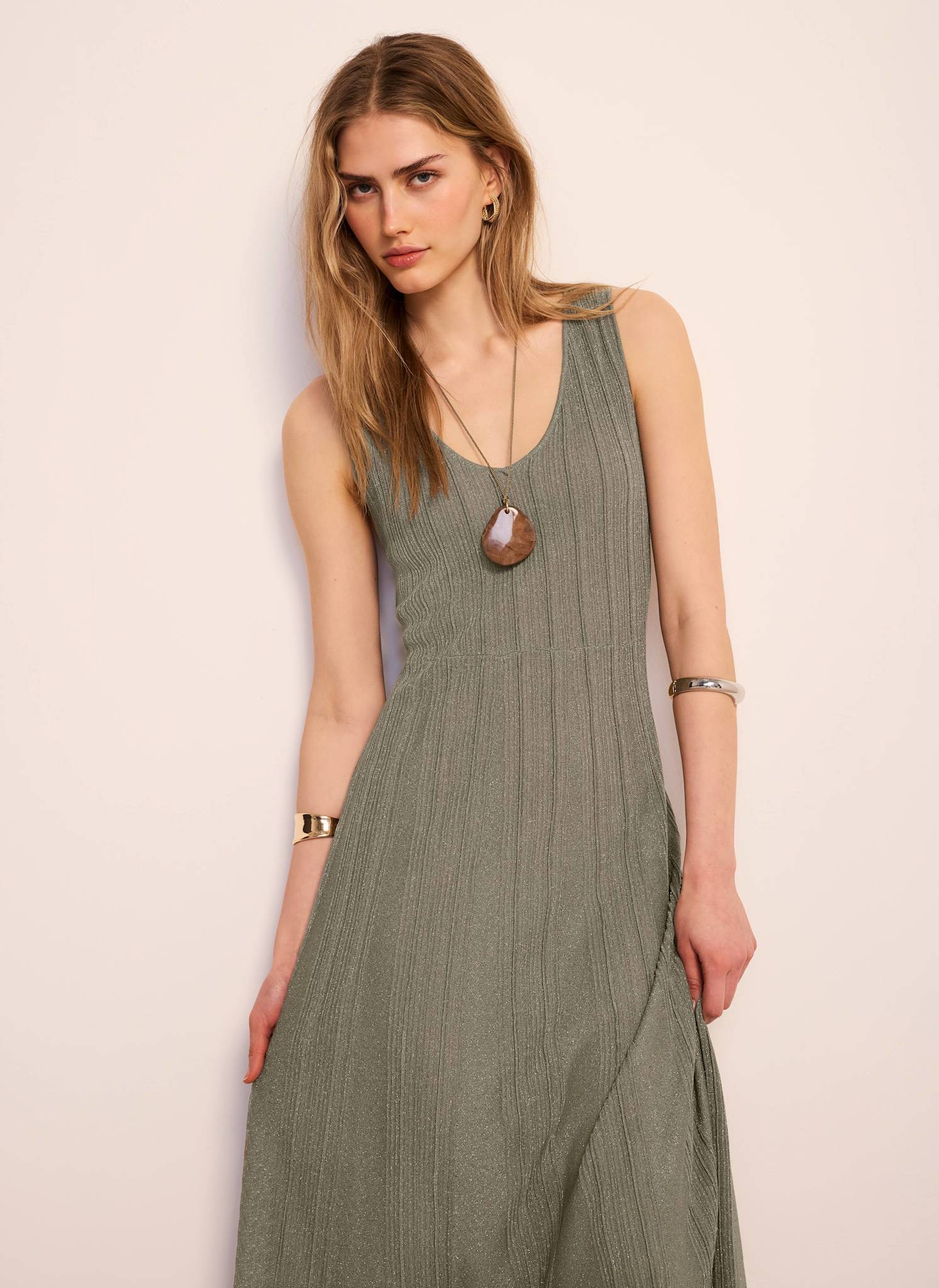 932-khaki-sleeveless-knit-midi-dress-4.jpg Khaki Sleeveless Knit Midi Dress