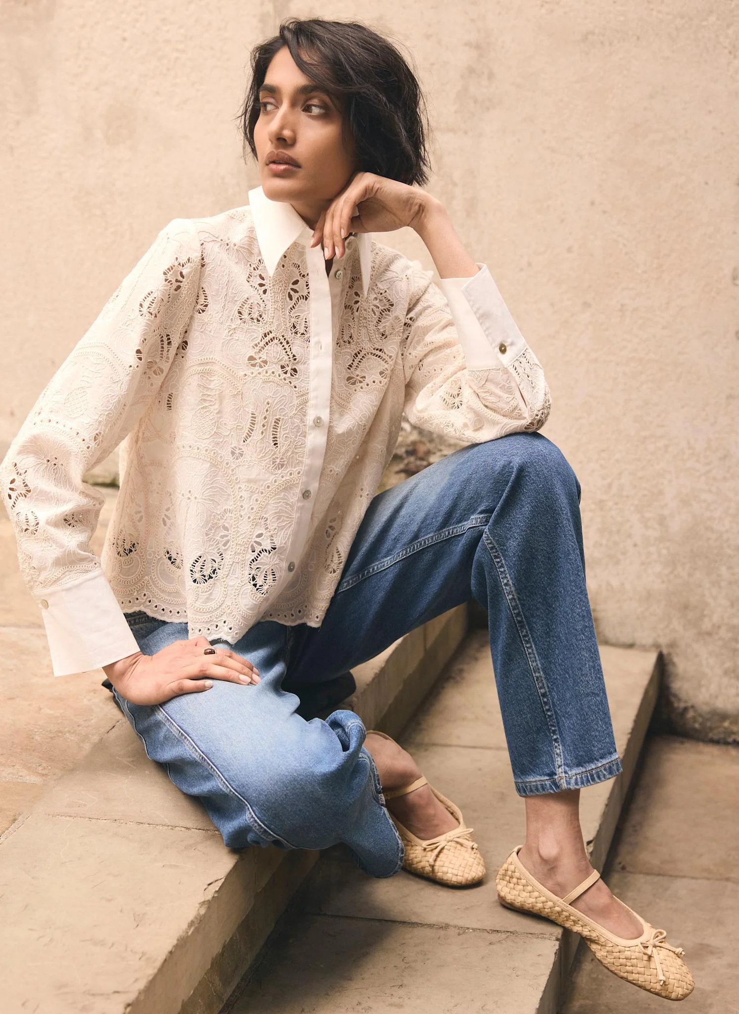 White Broderie Cropped Shirt