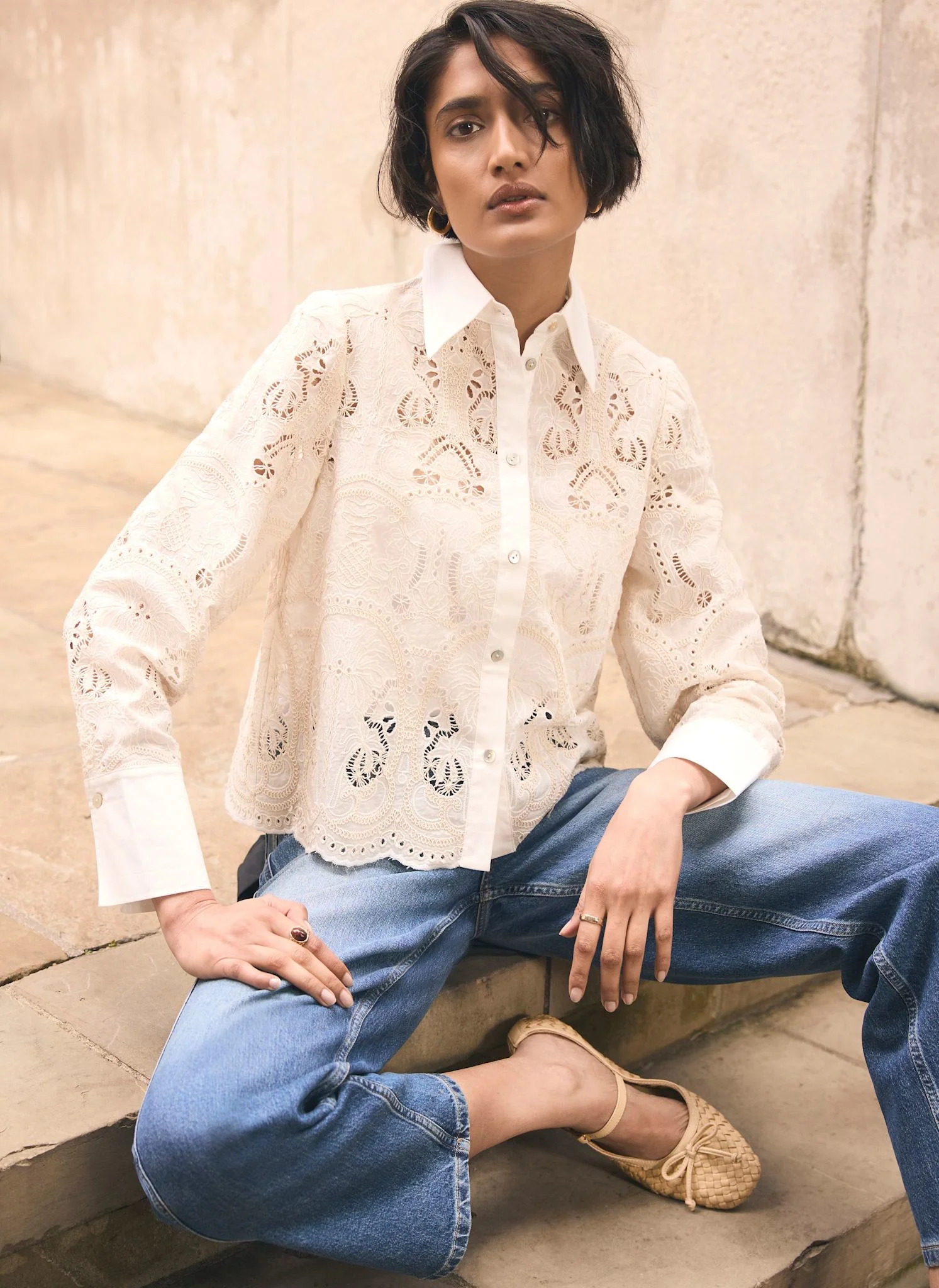 White Broderie Cropped Shirt