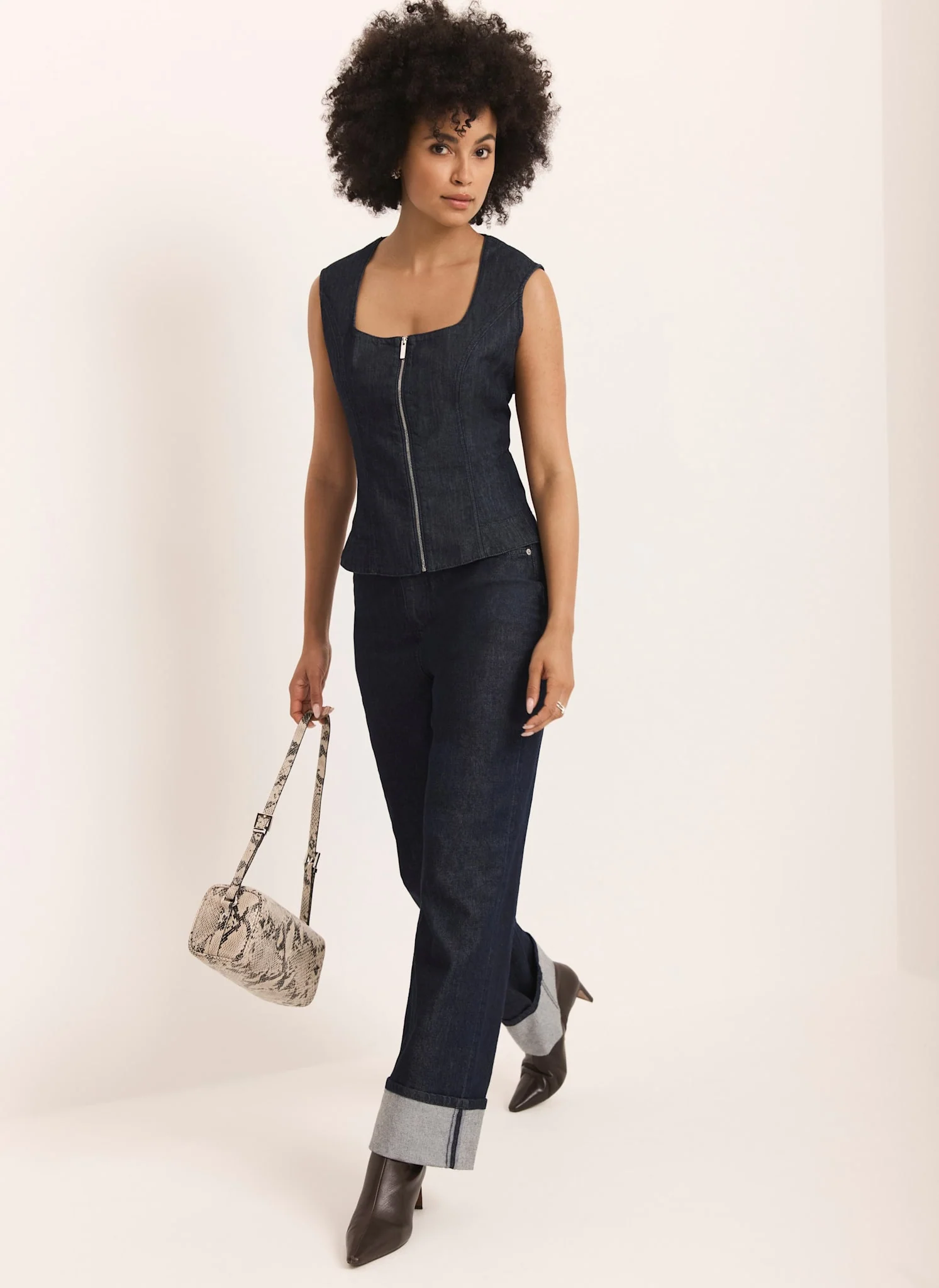 Dark Indigo Denim Zip Detail Top