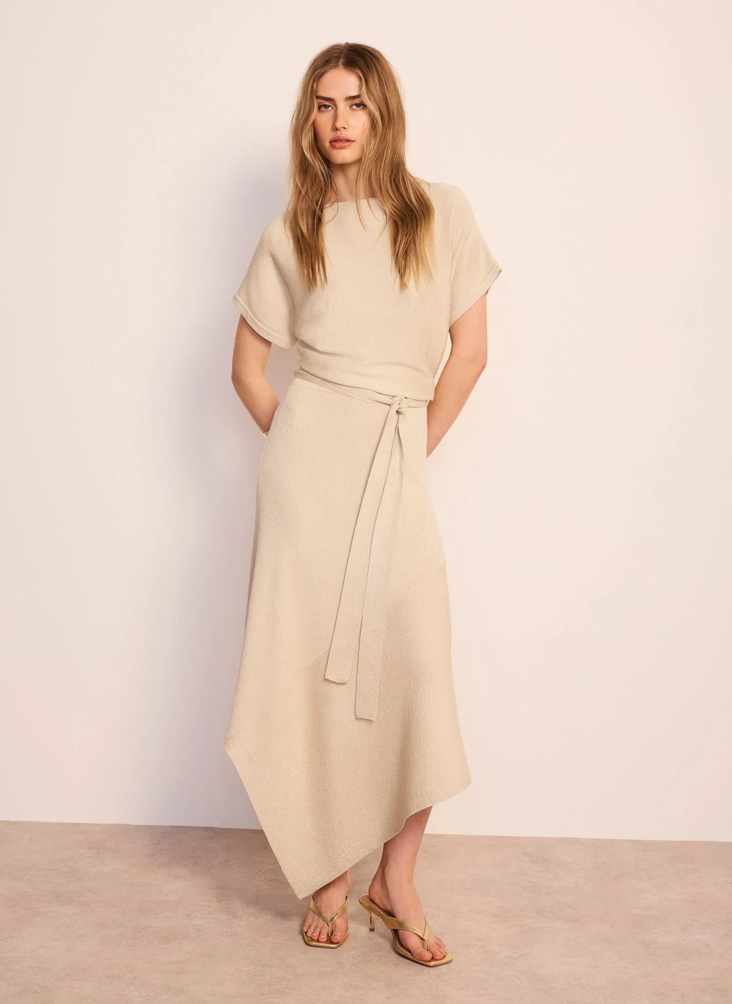 Neutral Metallic Asymmetric Knit Midi Dress