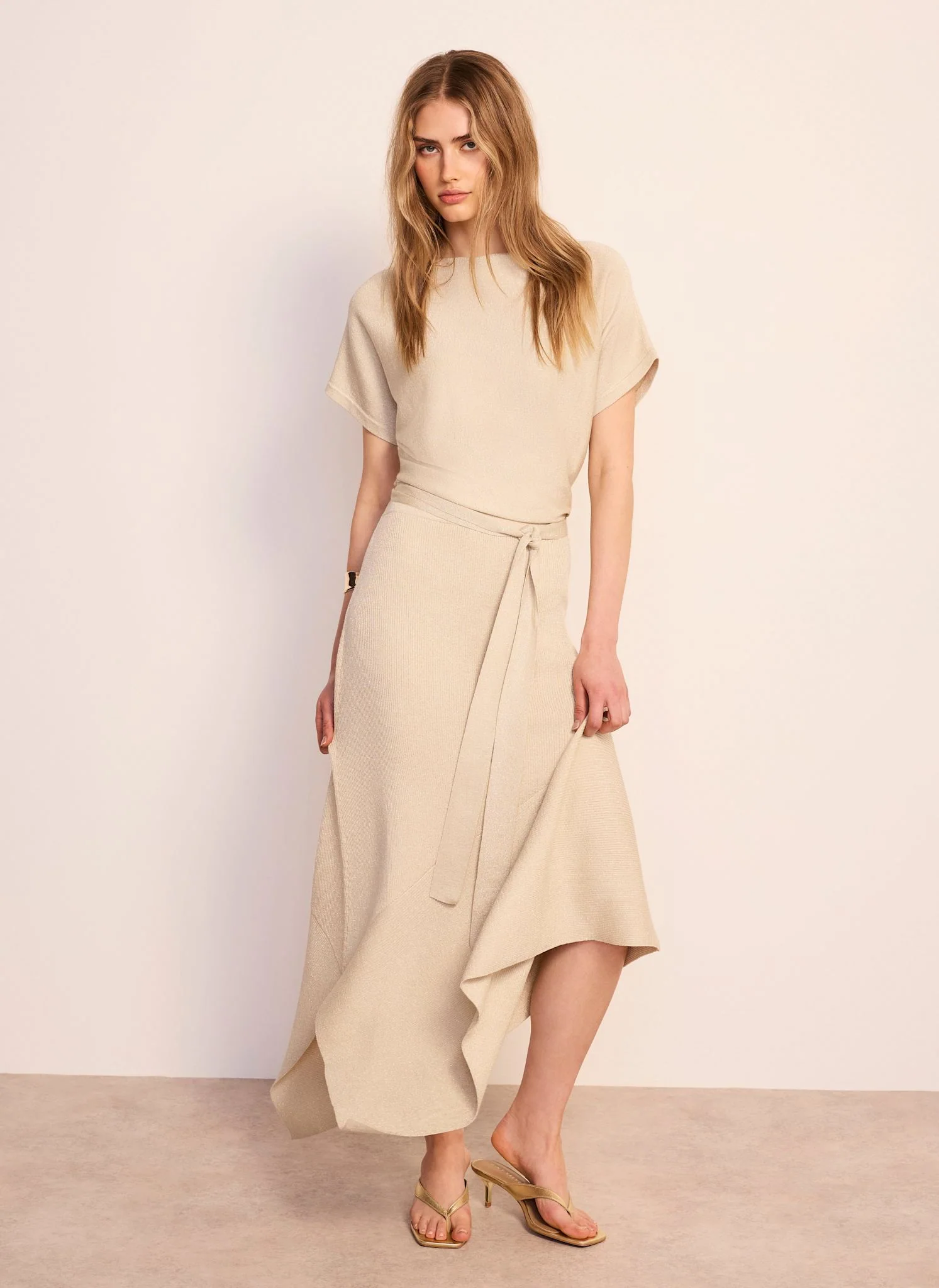 Neutral Metallic Asymmetric Knit Midi Dress