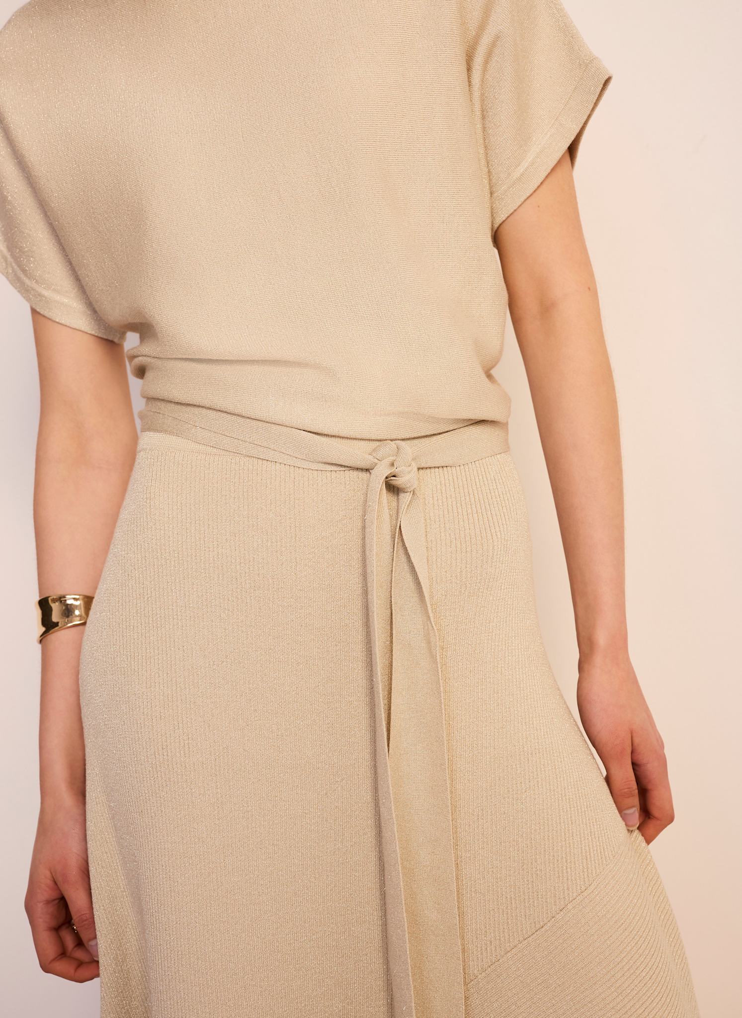 Neutral Metallic Asymmetric Knit Midi Dress