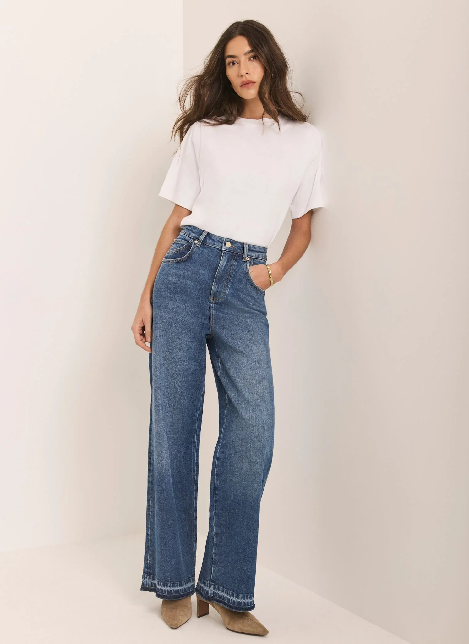 Mid Indigo Hem Detail Wide Leg Jean