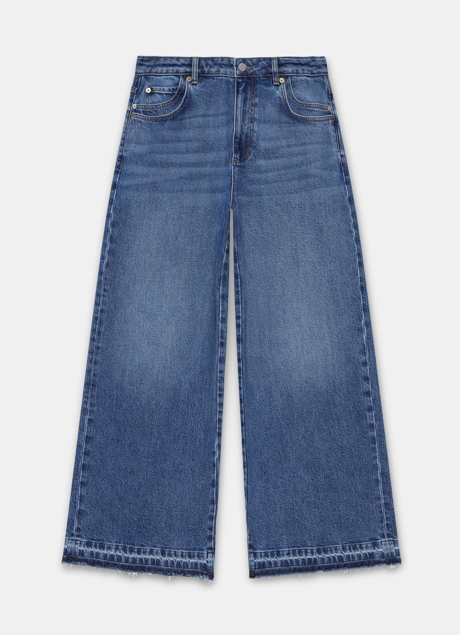 Mid Indigo Hem Detail Wide Leg Jean