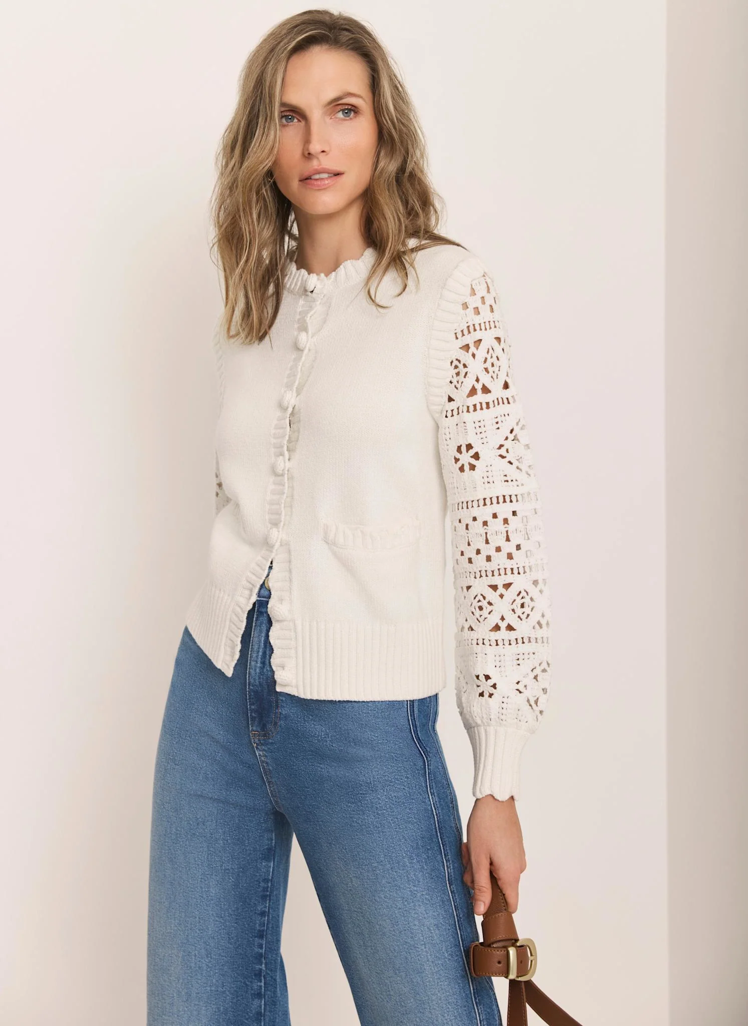 Cream Cotton Blend Crochet Cardigan