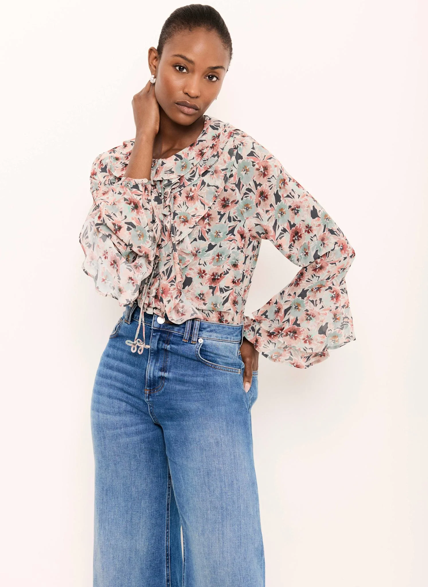 9596-green-floral-print-ruffle-blouse-1.webp Green Floral Print Ruffle Blouse