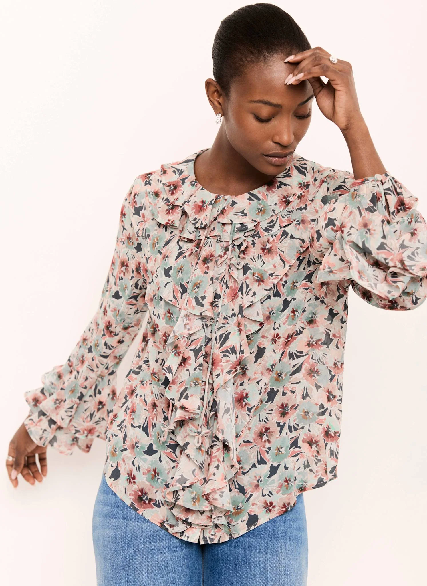 9596-green-floral-print-ruffle-blouse-2.webp Green Floral Print Ruffle Blouse