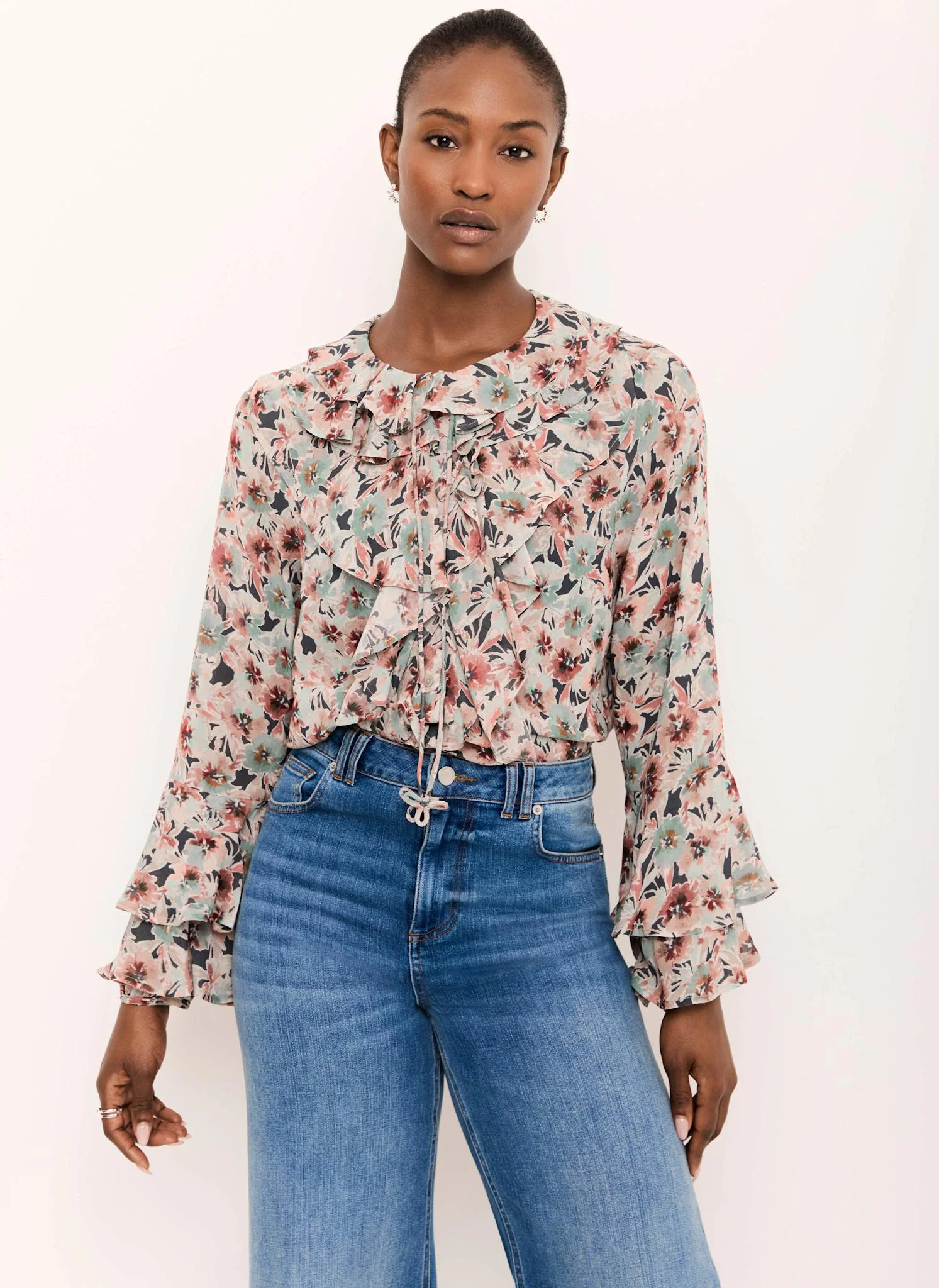 9596-green-floral-print-ruffle-blouse-3.webp Green Floral Print Ruffle Blouse